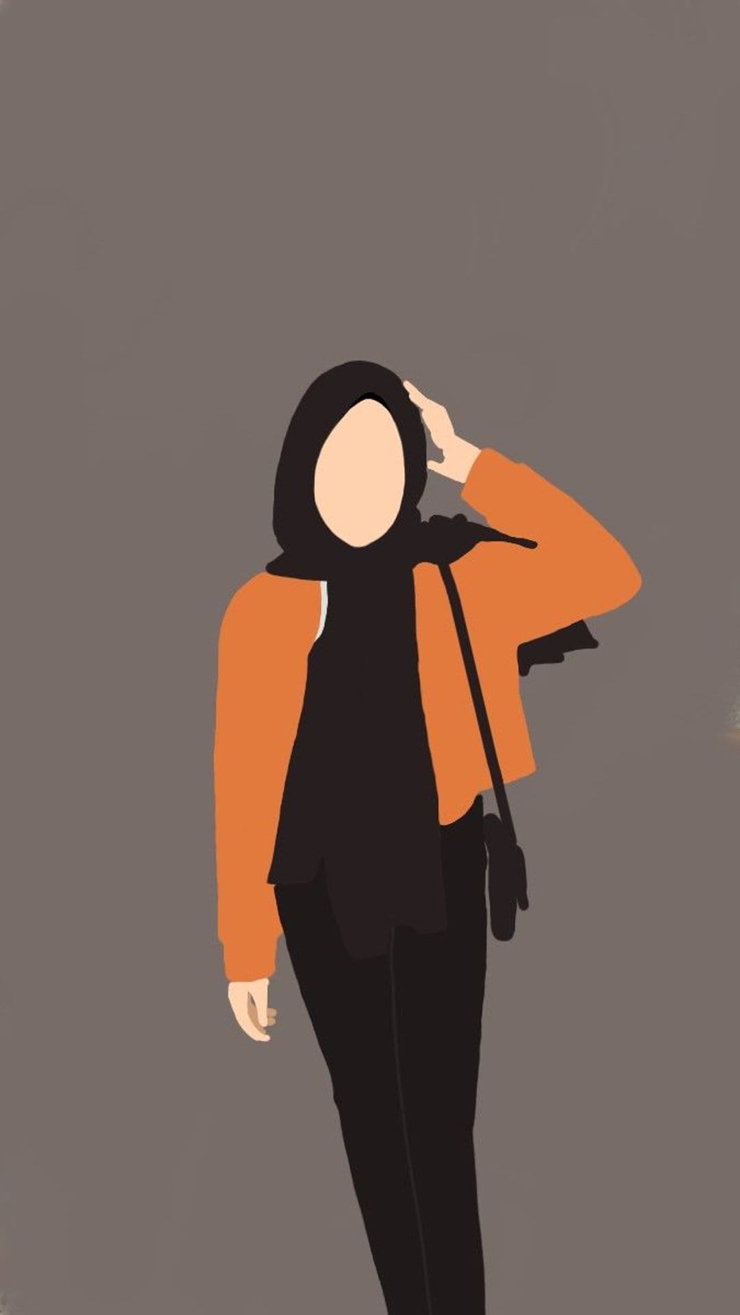 Woman in a black hijab and bright orange jacket poses against a gray backdrop for a modest fashion portrait.