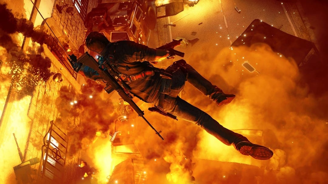 Action hero leaping through orange smoke and fire explosions with tactical gear and weapons in an urban setting.
