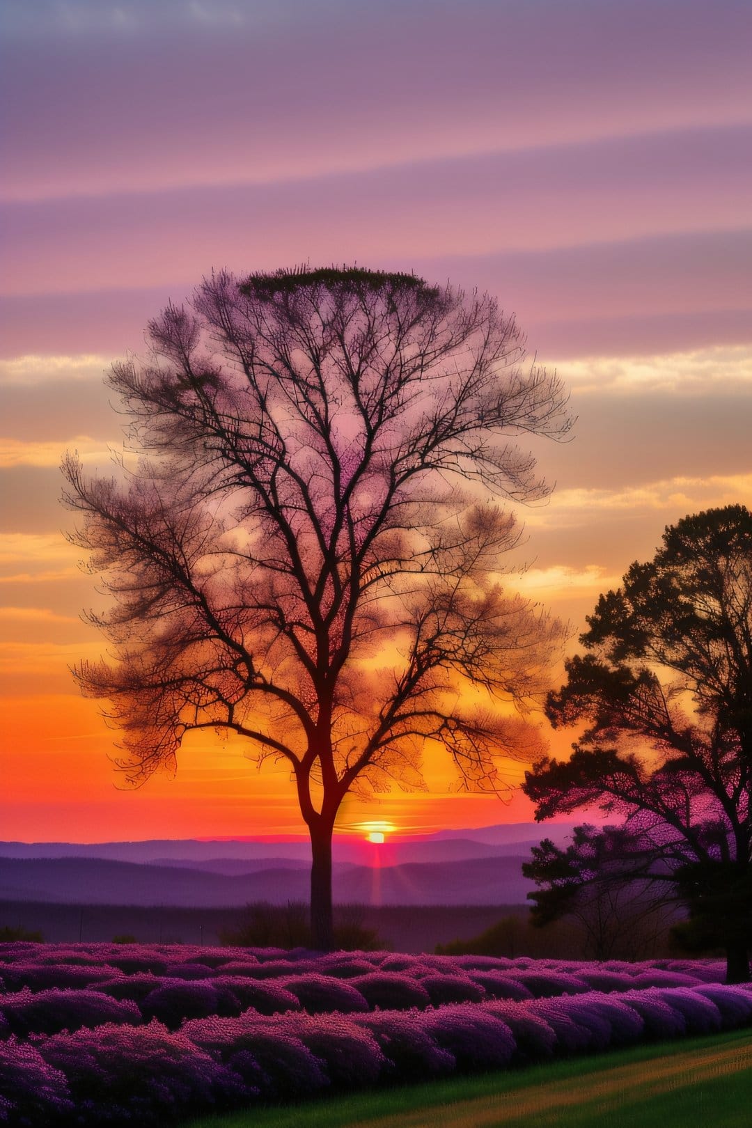 Lavender rows stretch toward silhouetted trees under a vibrant orange and purple sunset sky in the countryside.