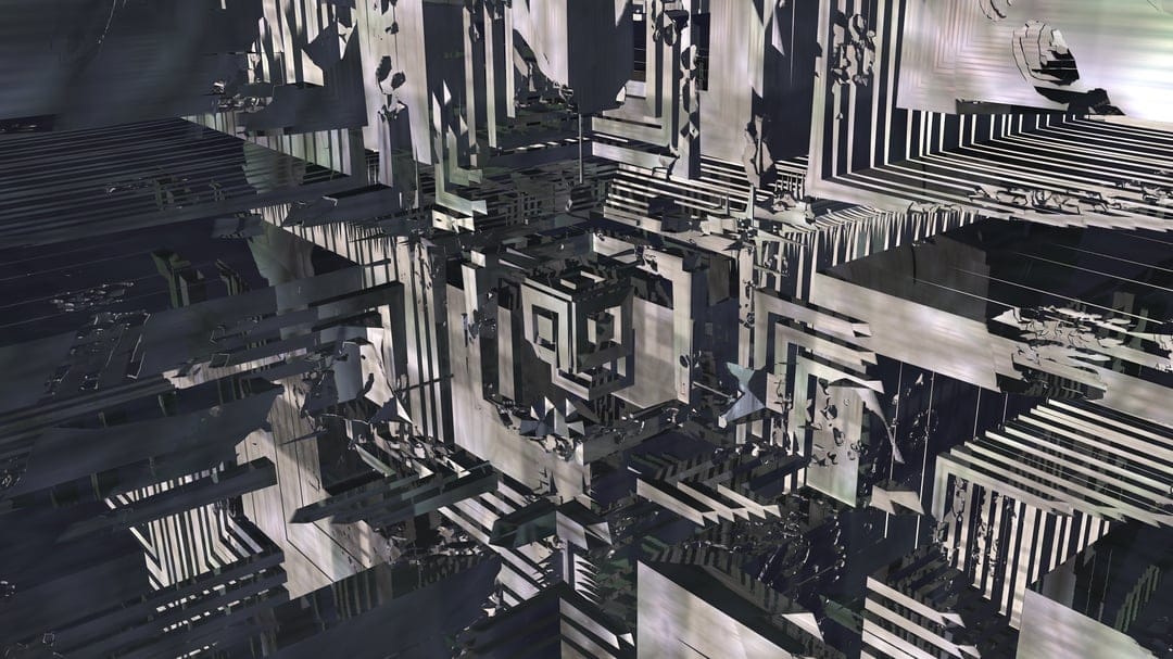 Angular geometric towers form a deep monochromatic urban fractal landscape with sharp shadows and metallic edges.