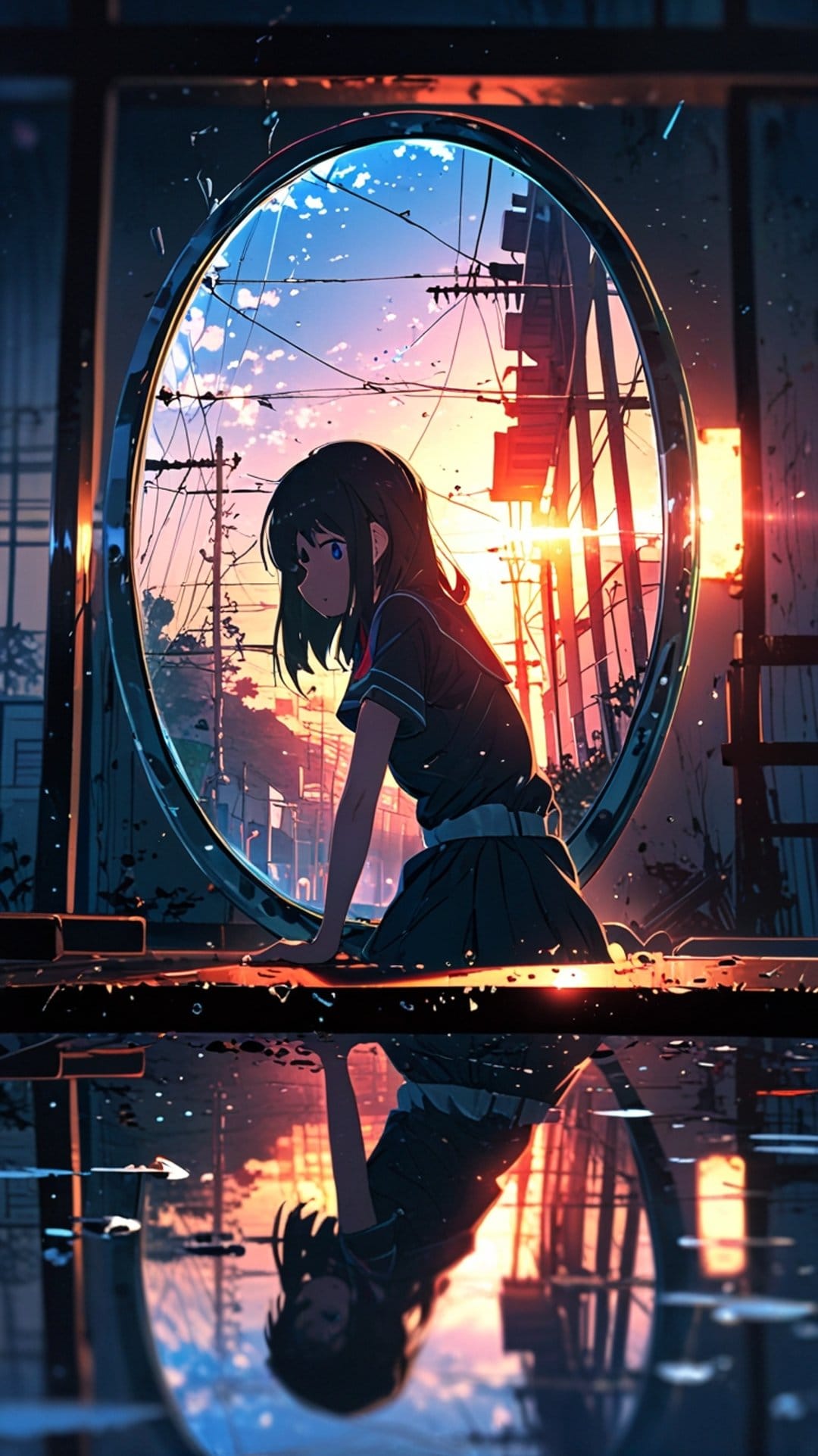 Anime girl kneels by a reflective puddle under a vibrant sunset sky with urban buildings and power lines.