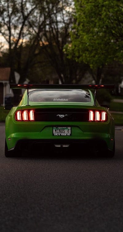 ford mustang, car, green, rear view, mobile wallpaper, android wallpaper, iPhone wallpaper, phone wallpaper