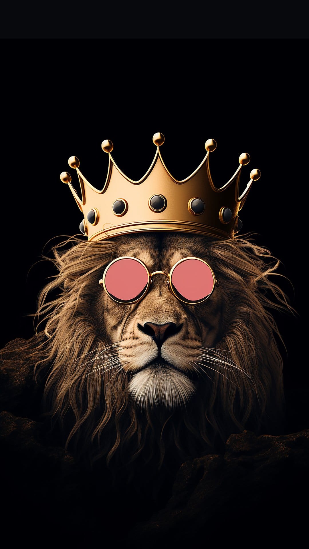 Lion wearing a jeweled gold crown and pink shades with a thick mane, set against a solid dark background.