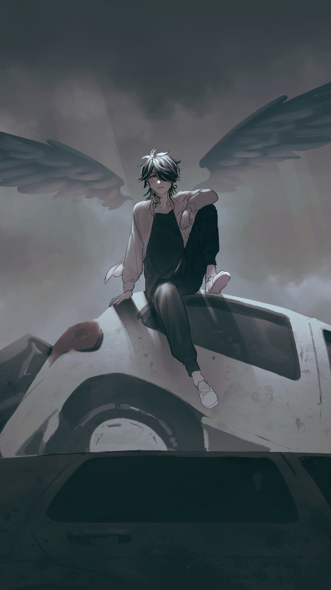 Winged person in casual clothes sits on a decaying car hood against a dramatic overcast sky with light beams.