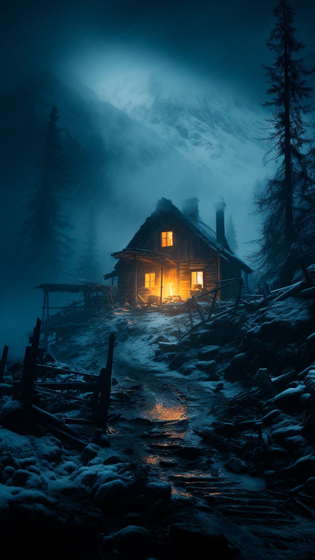 Glowing wooden cabin sits among snowy mountains and thick mist under a dark, starry night sky in winter.