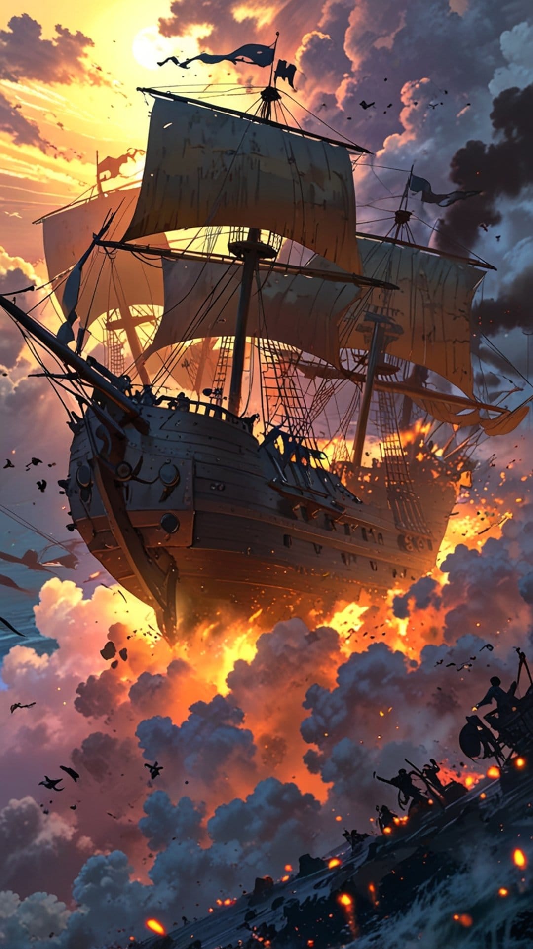 Pirate ship in a fiery naval battle with explosions, dark stormy clouds, and silhouetted figures on deck.