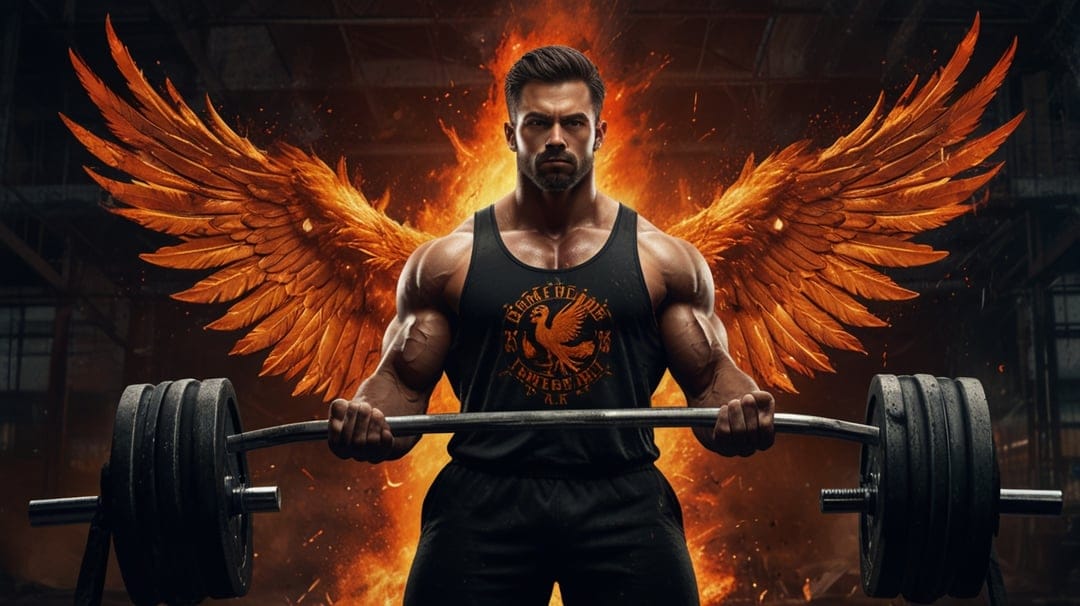 Muscular athlete lifting a barbell with huge flaming wings spread wide against a dark gym background.