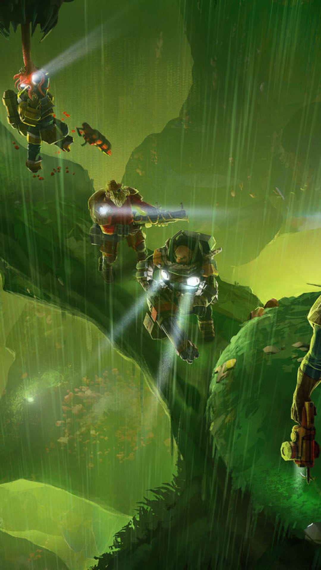 Armored dwarves with spotlights traverse a dark green cave during heavy rain as a creature attacks from above.