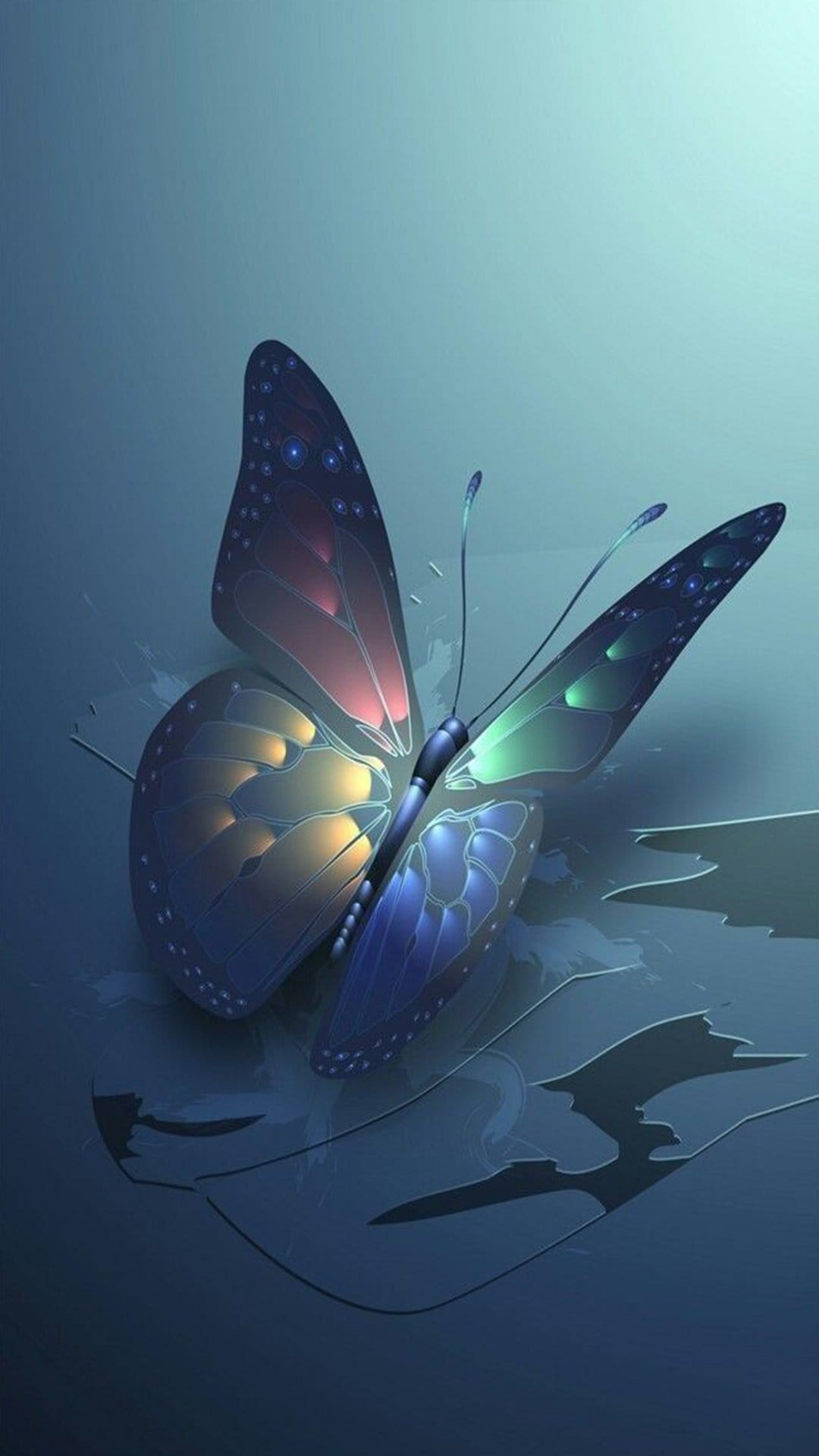 Iridescent butterfly with blue and pink wings resting on a reflective water surface under soft light.