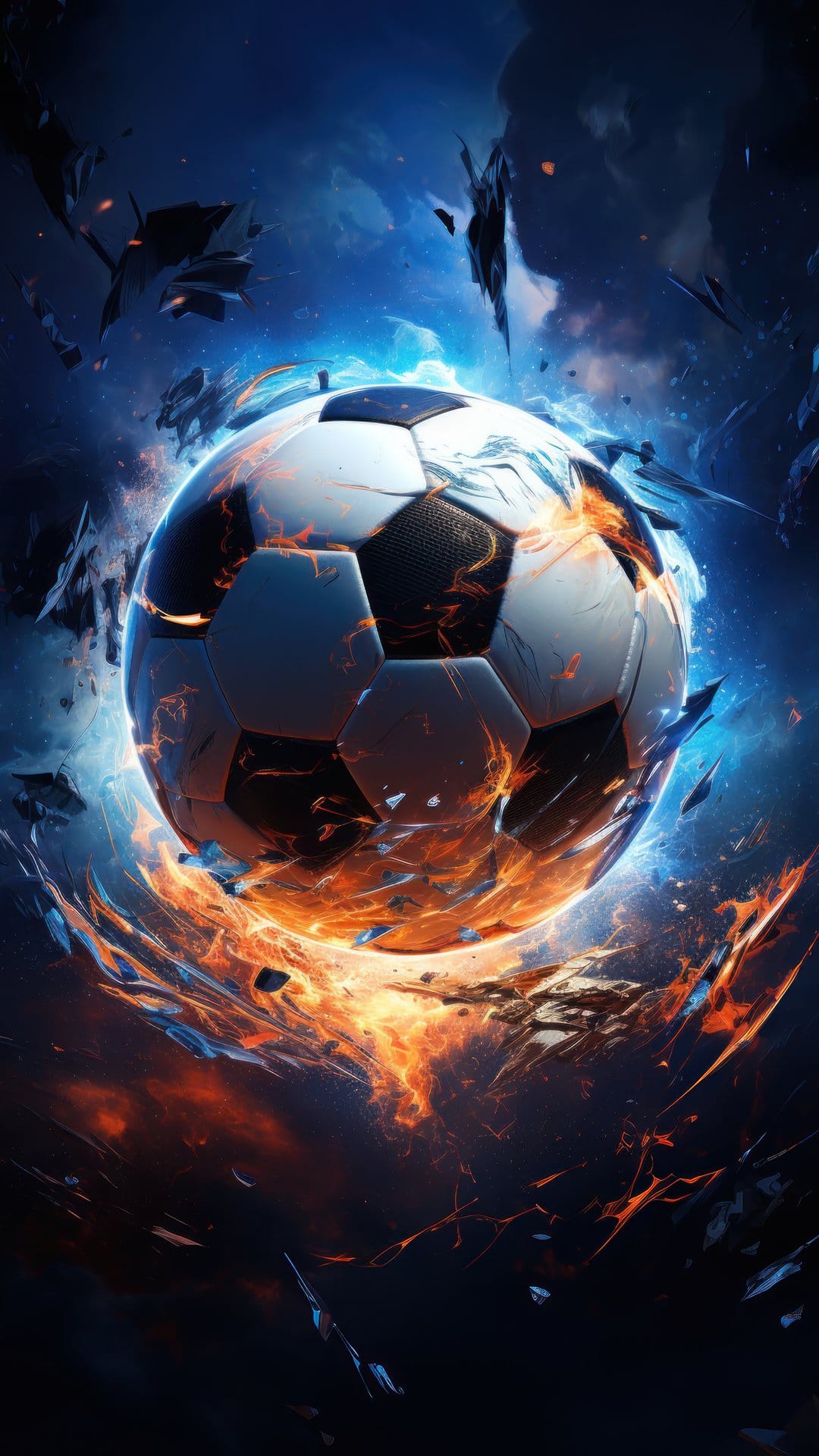 Soccer ball erupting in a fiery blast surrounded by blue nebulae, glowing embers, and shattered cosmic fragments.