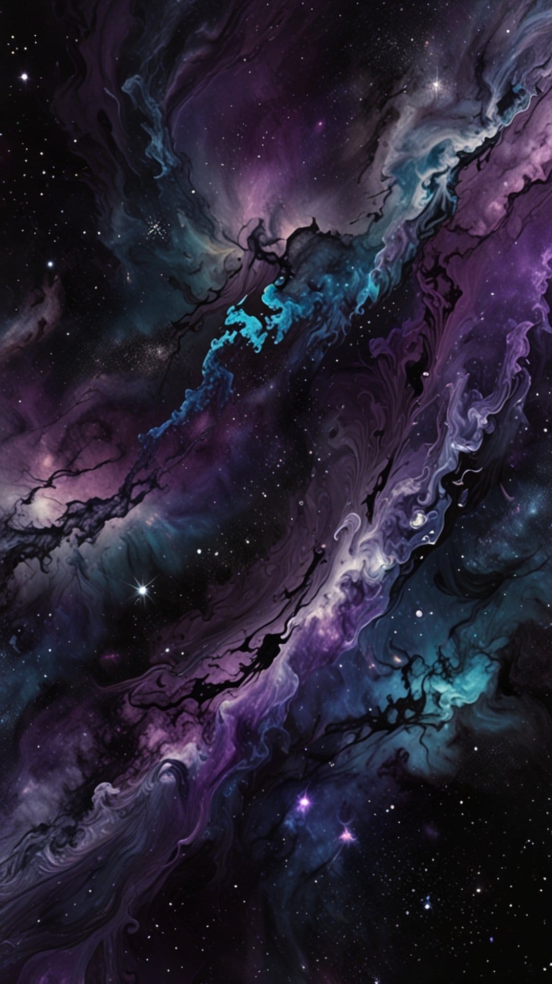 Purple and teal nebula clouds with tiny white stars scattered across a dark, vast cosmic background.