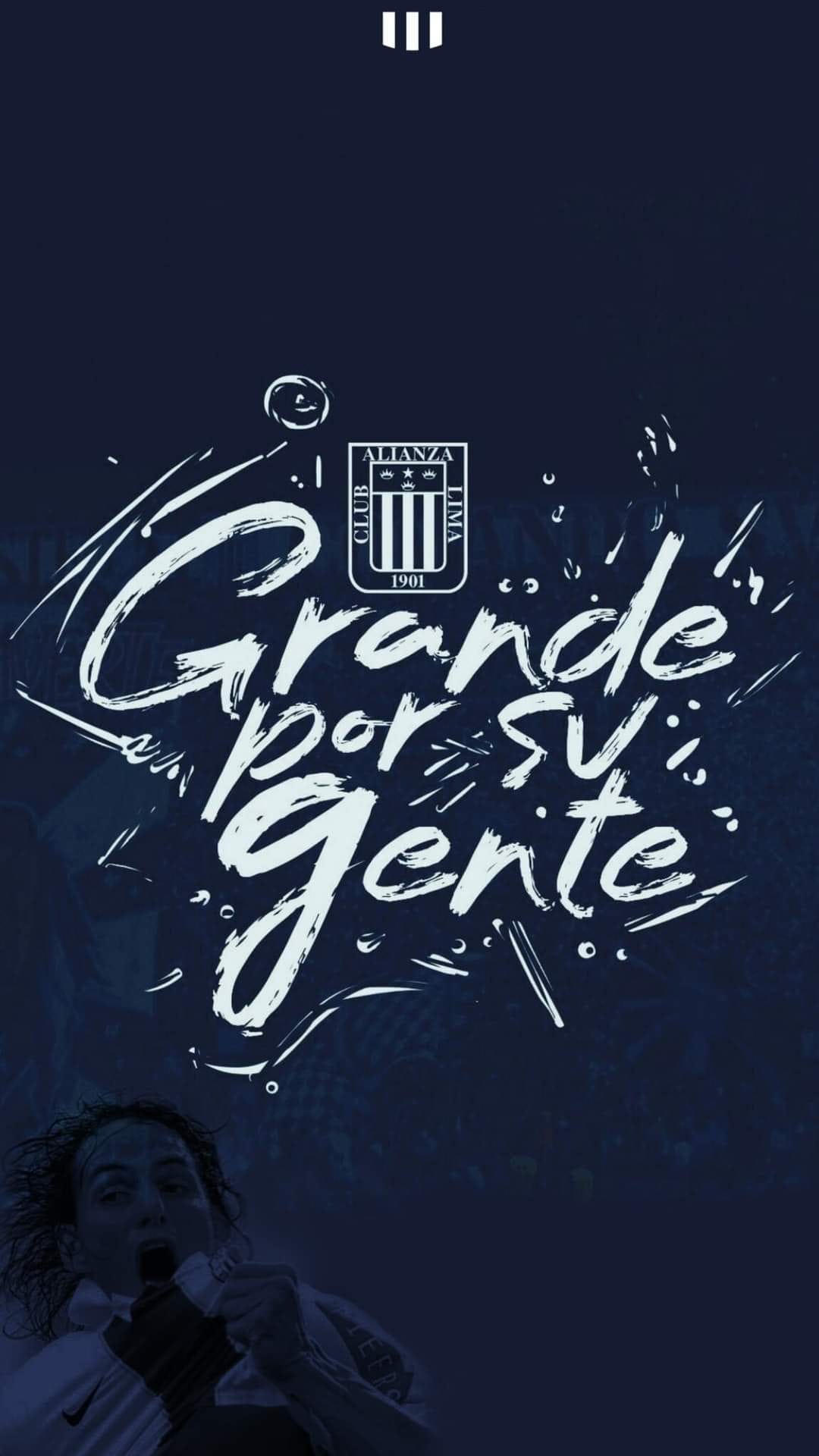 Alianza Lima shield and white cursive text on a dark blue background with a blurred silhouette of a fan.