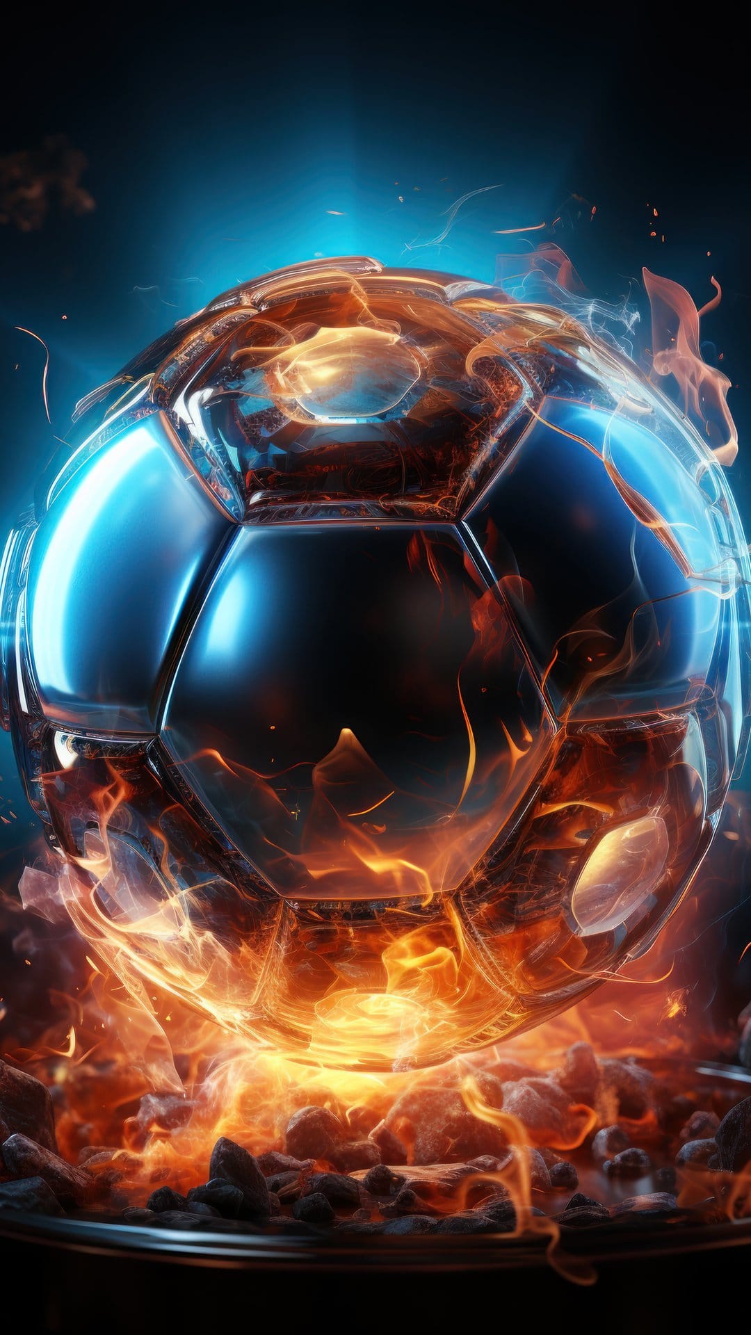 Crystal soccer ball emitting a blue glow while engulfed in vivid orange flames against a dark blue background.