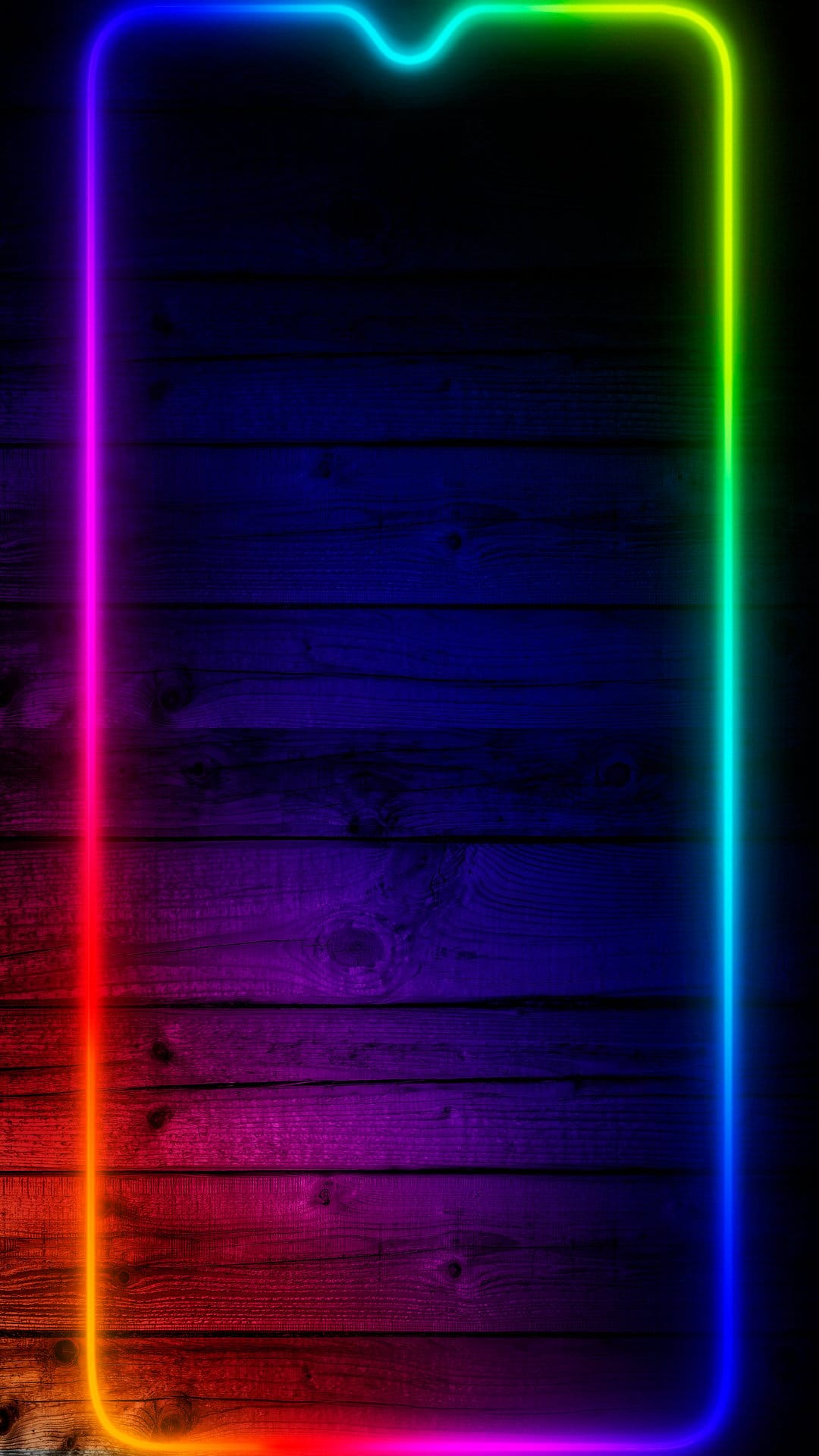 Rainbow neon light border framing a dark textured wood surface with glowing red, green, and blue light leaks.