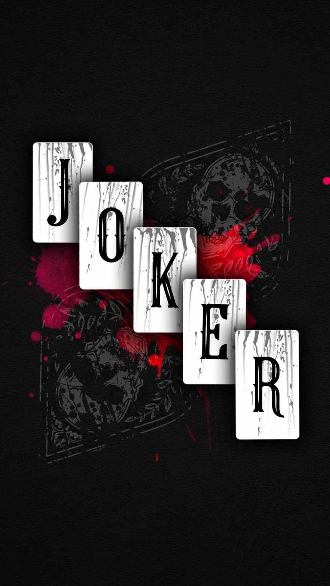 Joker name spelled with playing cards covered in red blood splatter over a dark background with faint skulls.