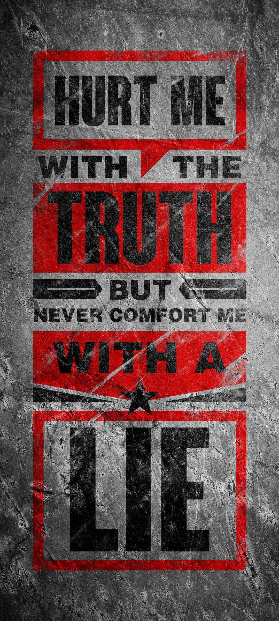 Distressed red and black typography on a cracked concrete background displays a quote about truth and lies.