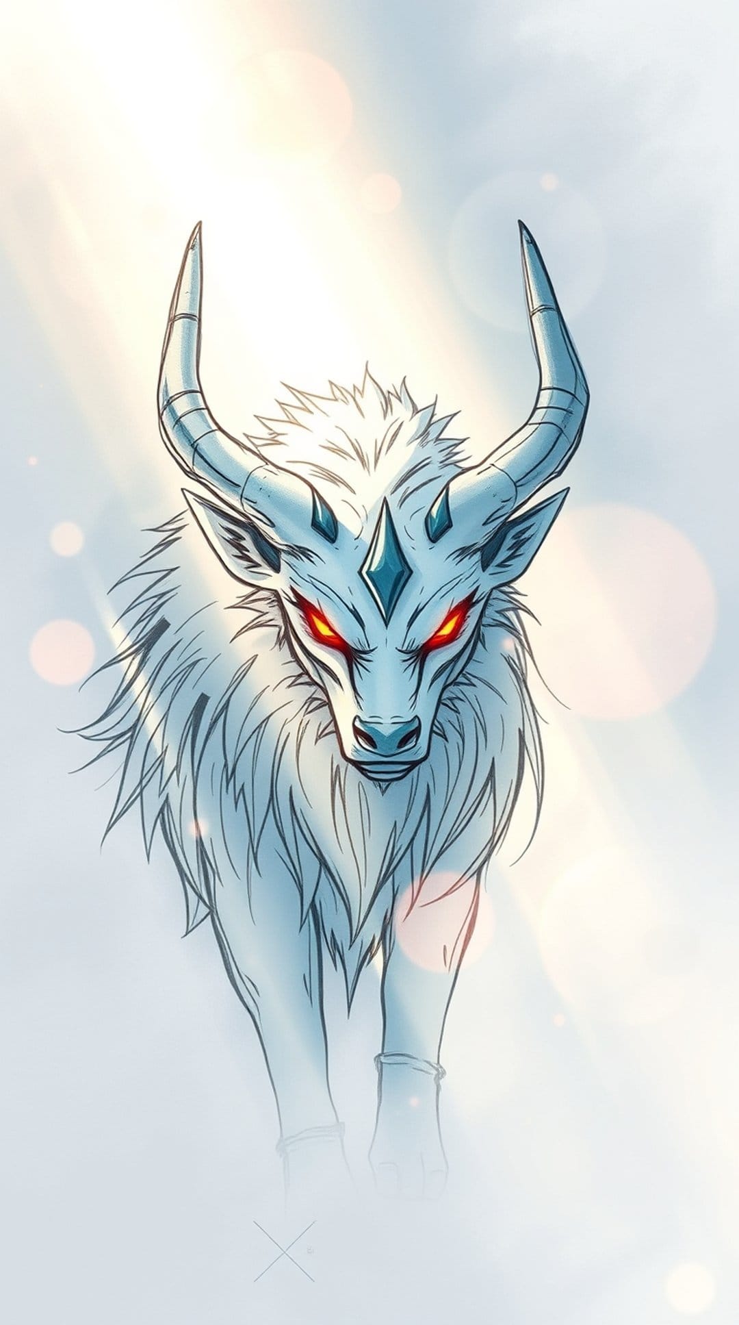 White beast with spiraling horns and glowing red eyes surrounded by misty blue light and a shaggy white mane.
