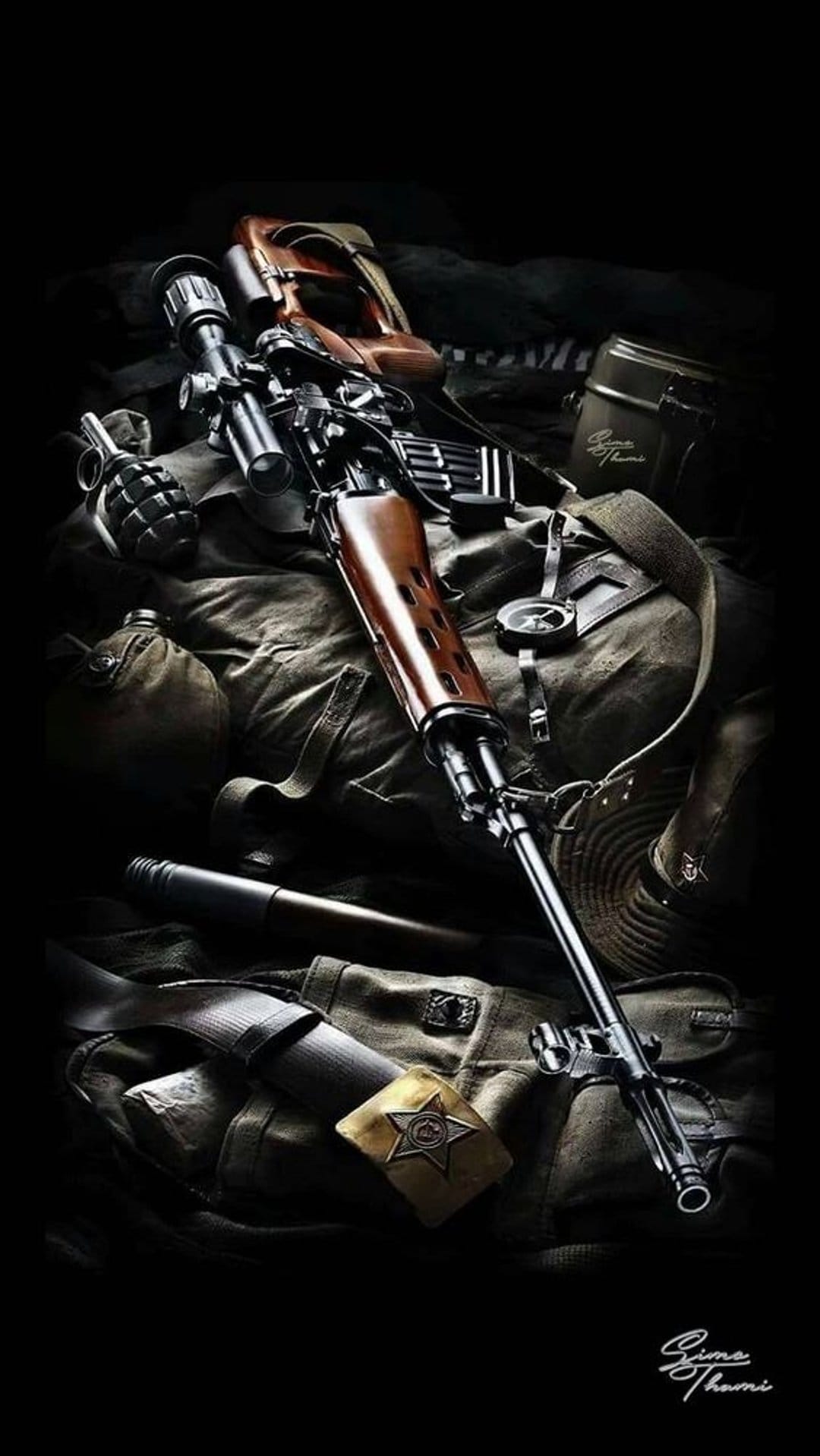 Scoped sniper rifle, olive drab canteen, and hand grenade arranged on a textured canvas surface in low light.