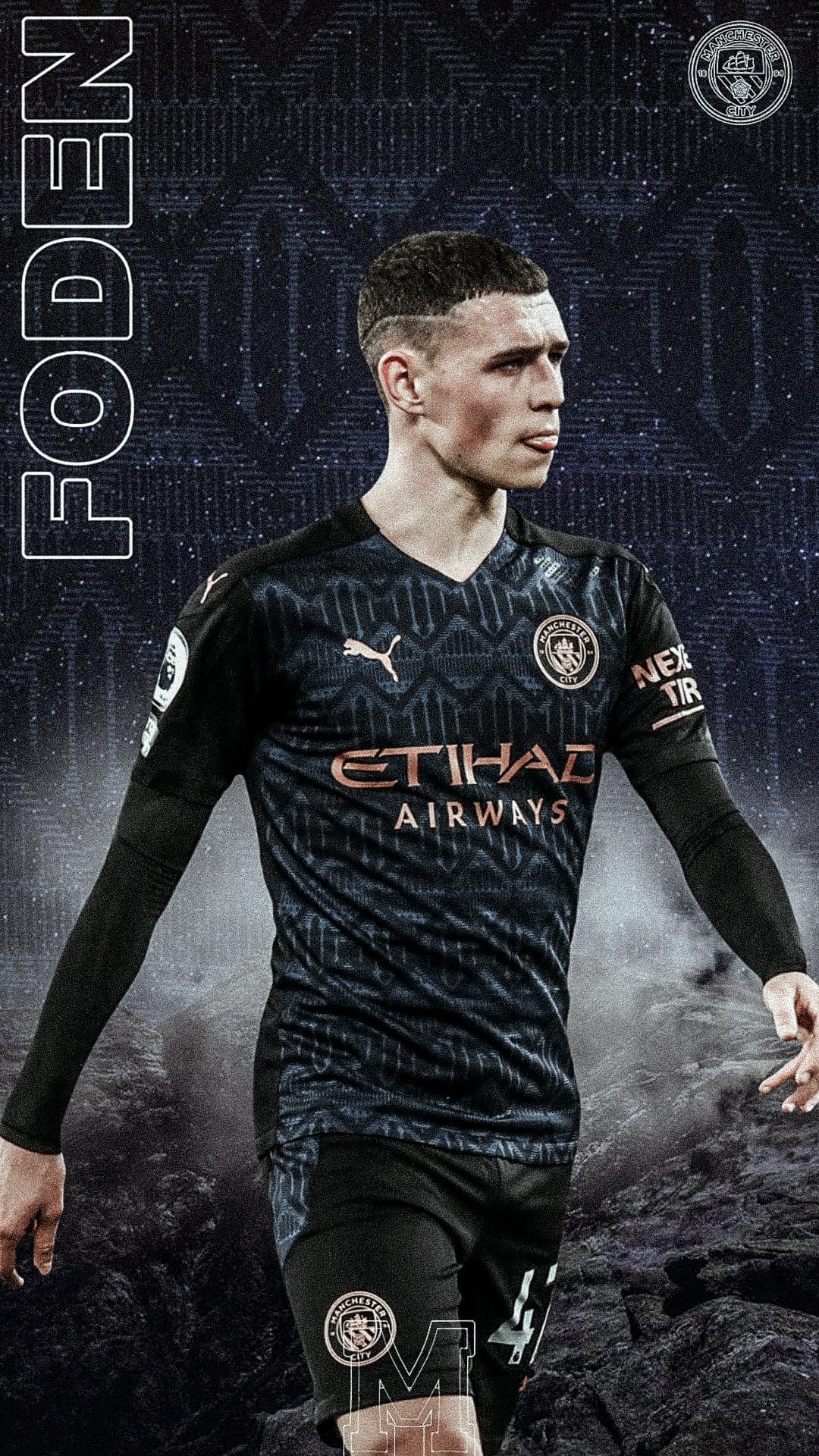 Phil Foden wearing a sky blue Manchester City jersey against a dark textured background with team branding.