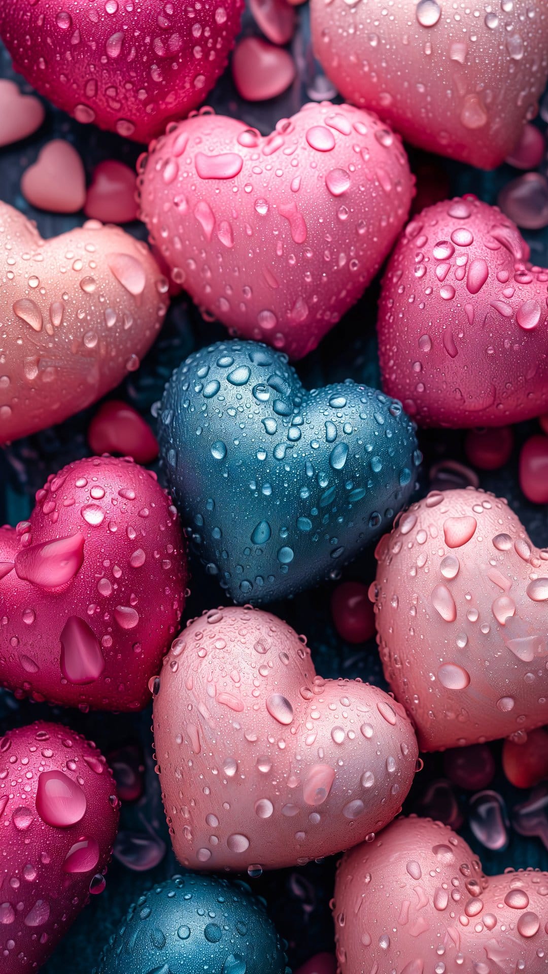Pink and blue heart-shaped candies covered in clear water droplets against a soft-focus textured background surface.