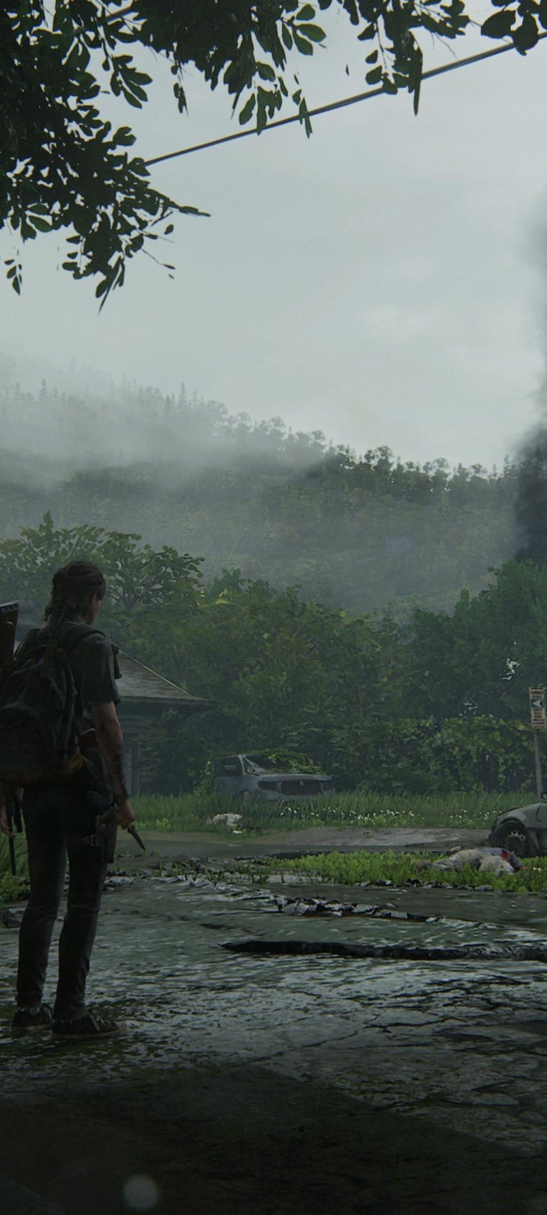 Ellie holds a knife while standing before a foggy valley with overgrown ruins and a distant black smoke plume.