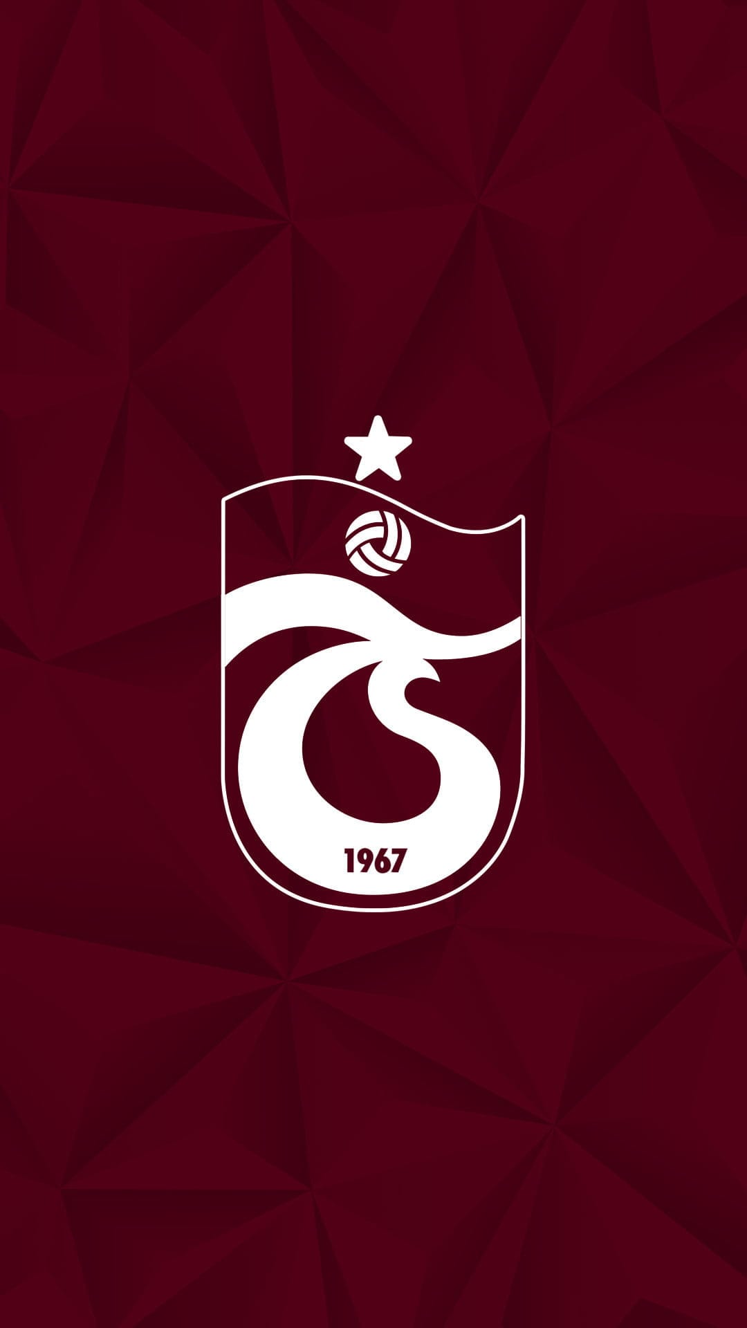Trabzonspor 1967 crest with a star and football in white outline on a dark red geometric textured background.