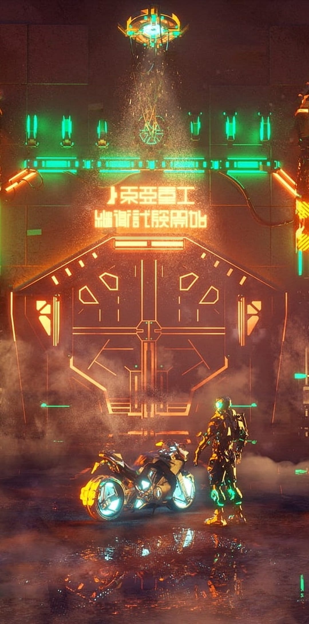 Cyborg standing next to a glowing green motorcycle in a dark garage as orange sparks fall from the ceiling.