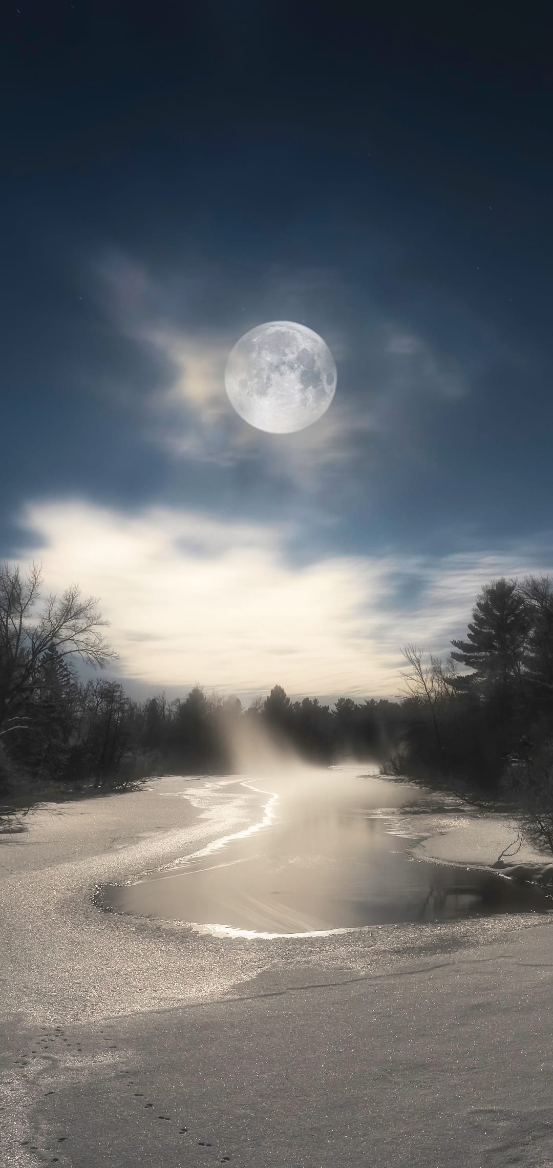 Colossal full moon glowing over a misty frozen lake with silhouetted bare trees and shimmering ice at night.