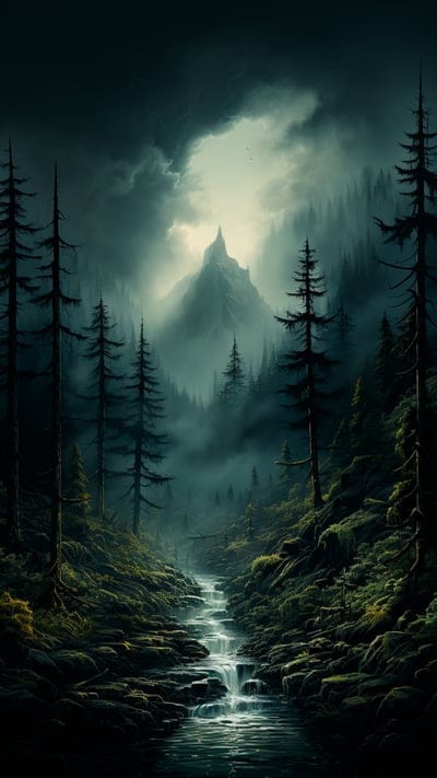 stream,stones,grass,forest,mountains,fog 