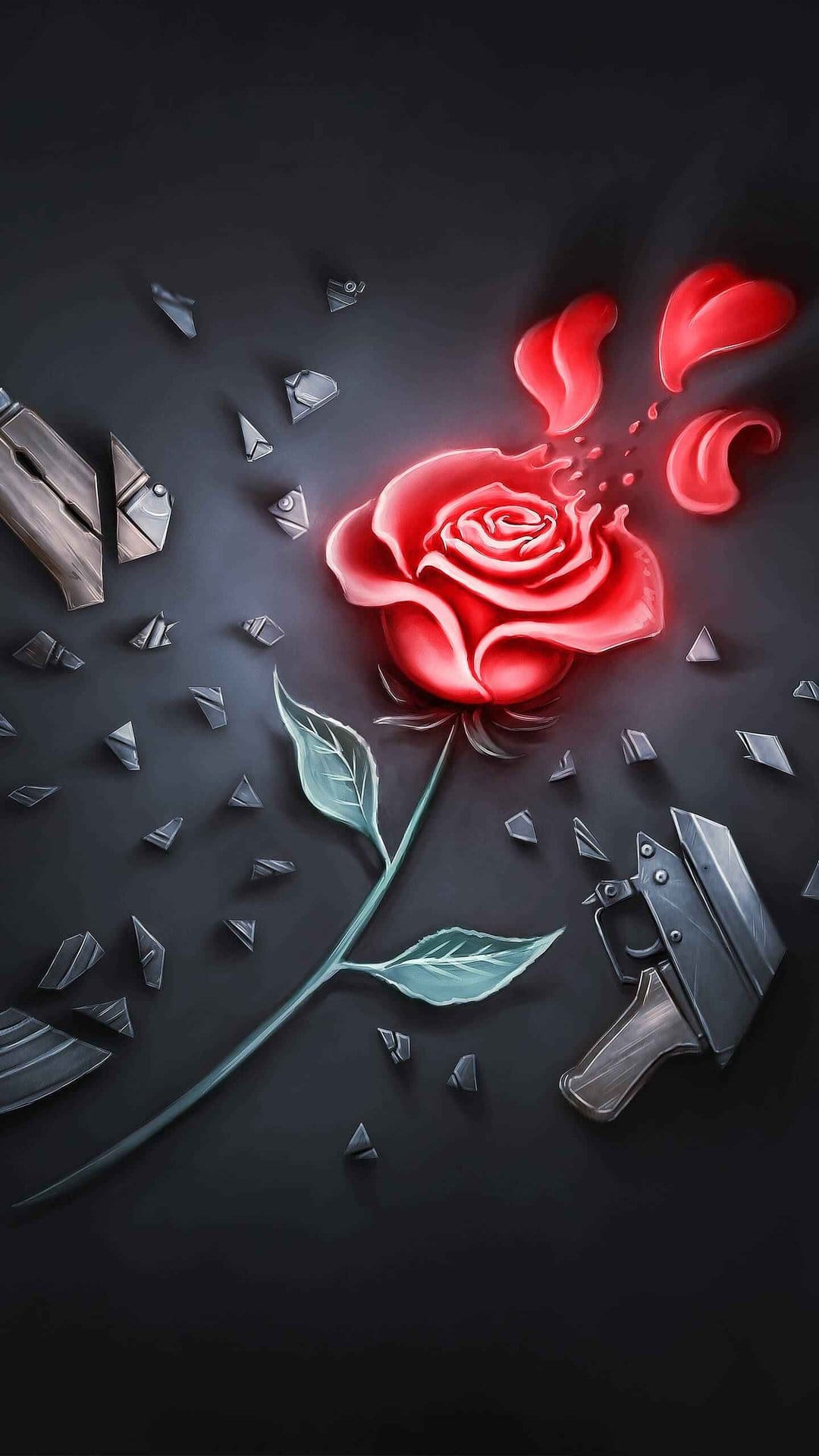 Radiant red rose with disintegrating petals rests beside a broken handgun on a dark, gritty stone surface.