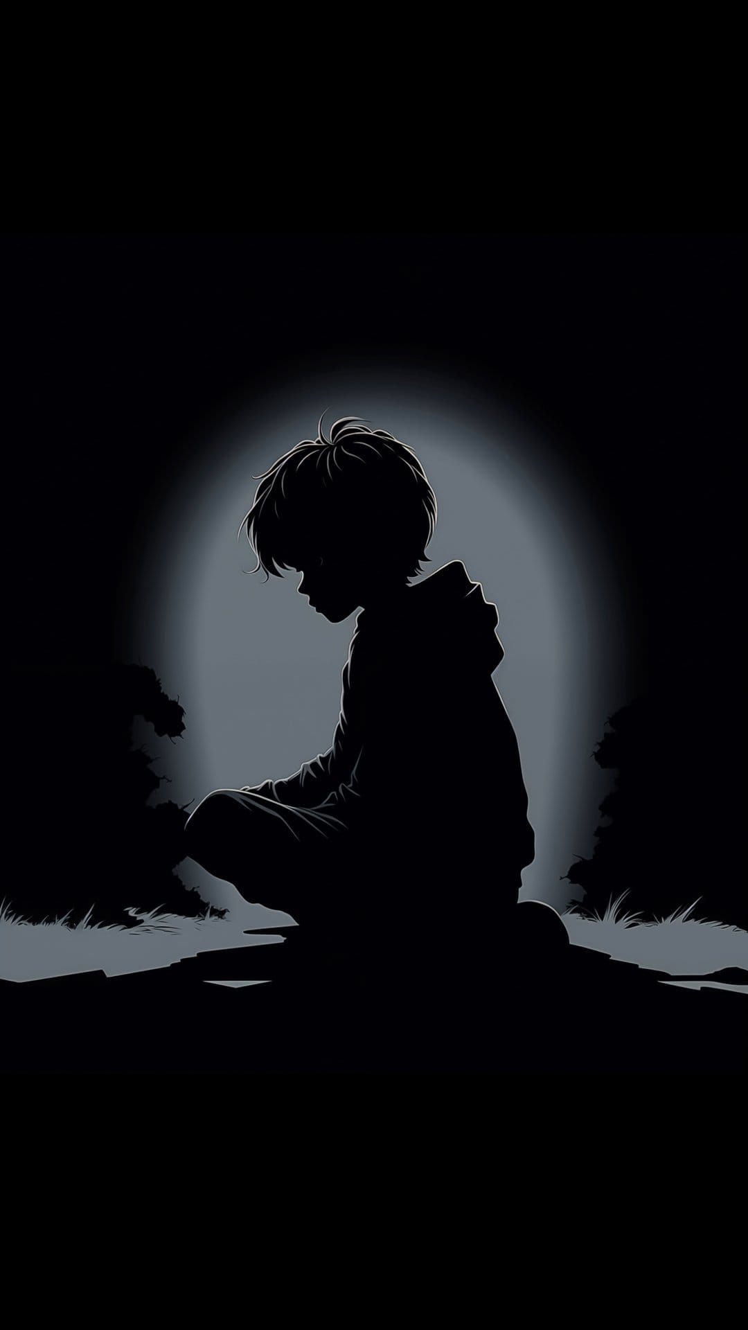 Boy sitting with his head bowed in silhouette against a large glowing moon and a dark night sky background.