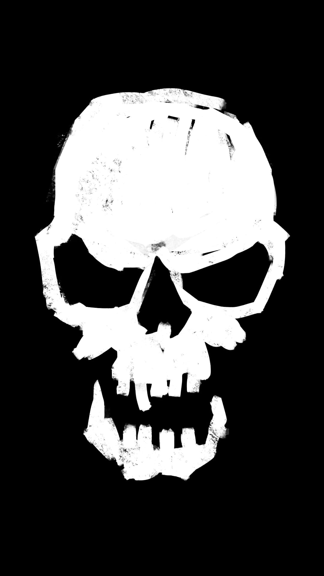 White distressed skull with visible brush strokes and textured cracks centered on a solid black background.
