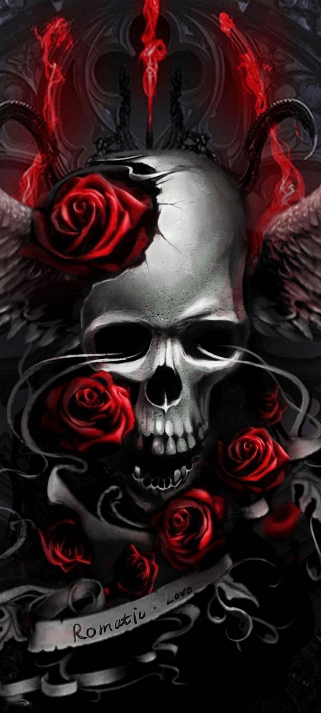 Weathered skull with red roses, dark feathered wings, and a banner reading Romantic Love against a dark backdrop.