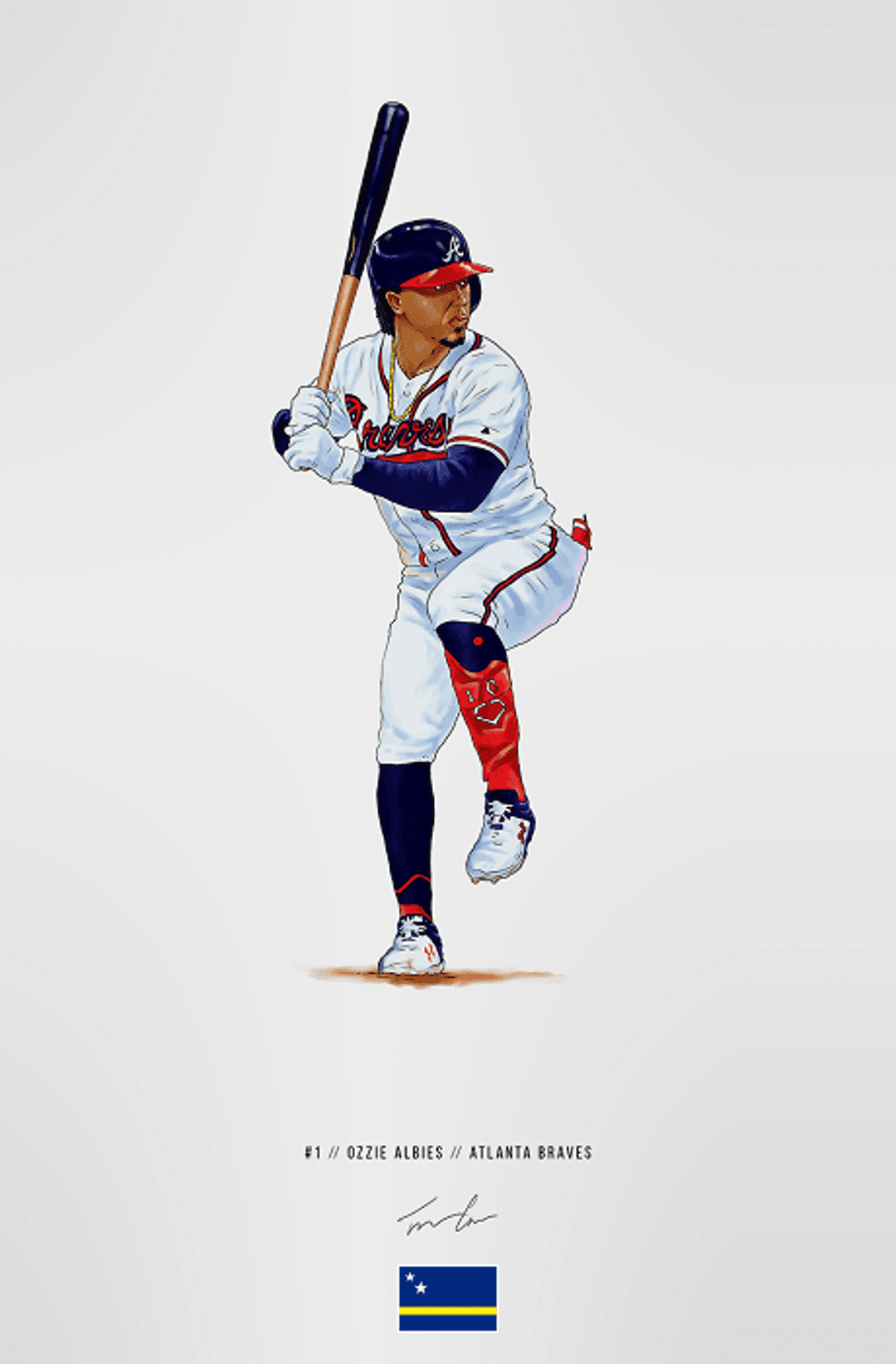 Ozzie Albies in a white Atlanta Braves uniform holds a batting stance over his name and the flag of Curaçao.