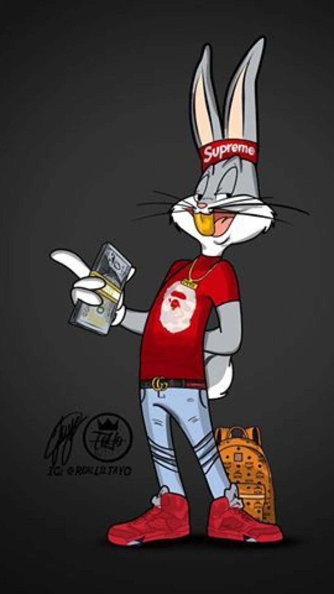 Bugs Bunny in a Supreme headband and red Bape shirt holding cash next to a designer backpack and Gucci belt.