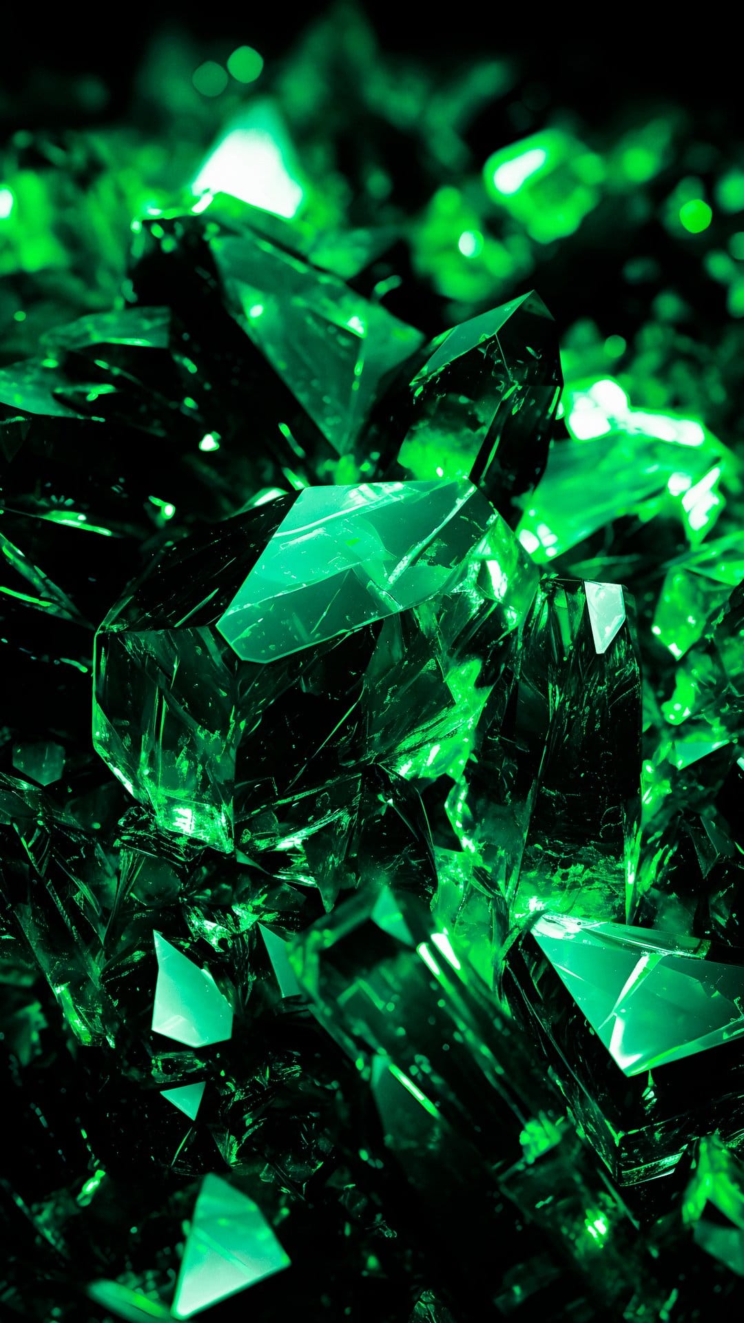 Glowing emerald crystals show sharp geometric facets and internal fractures against a dark, moody background.