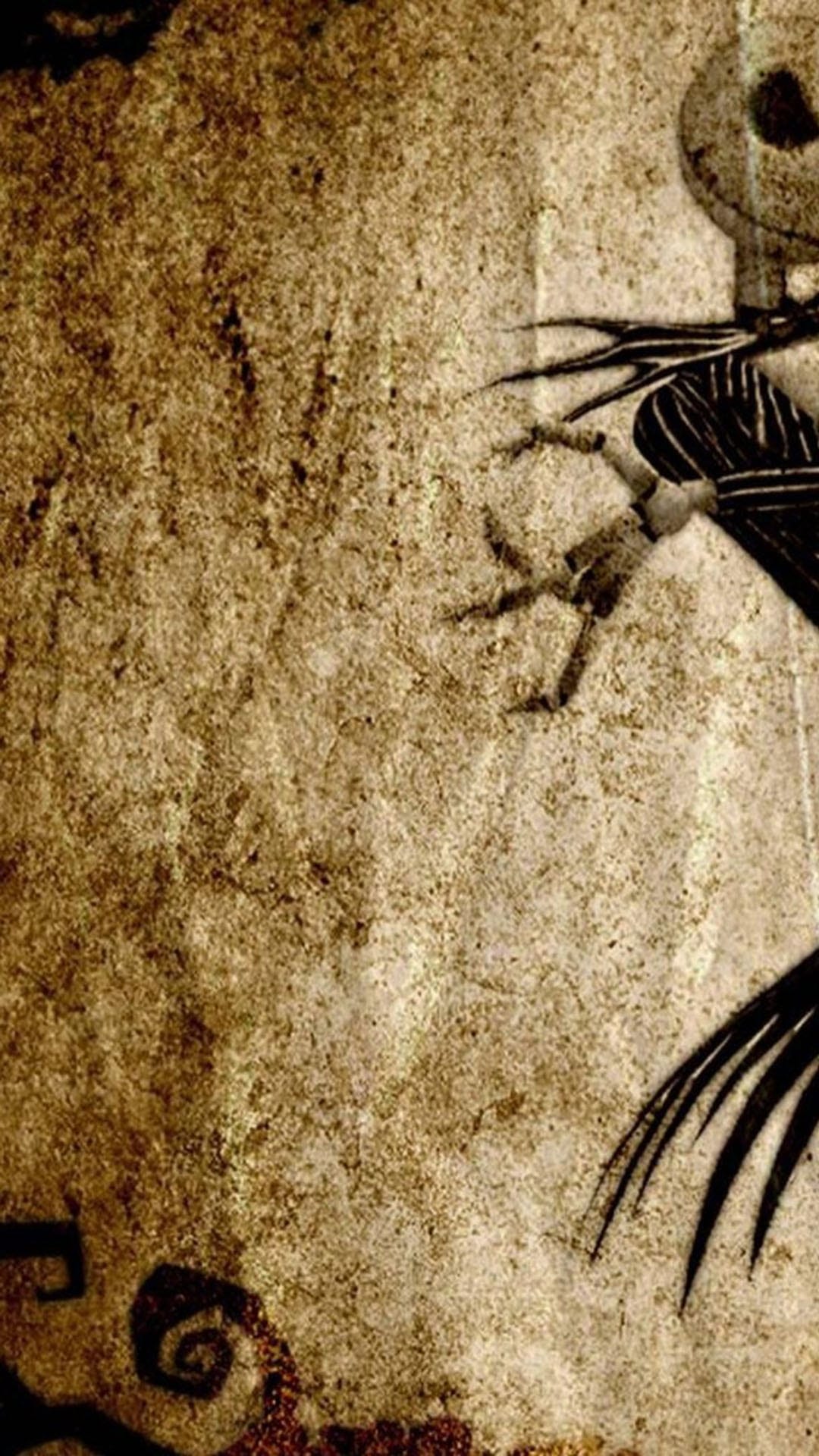 Jack Skellington in a pinstripe suit stands against a weathered sepia background with a somber expression.
