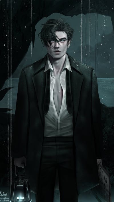 vampire,boy,cool,dark academia, gothic, mystery, male character, illustration, digital art, dark fantasy, brooding, mysterious, supernatural, rain, lantern, trench coat, white shirt, fantasy art, anime style, moody, atmospheric, handsome, character design