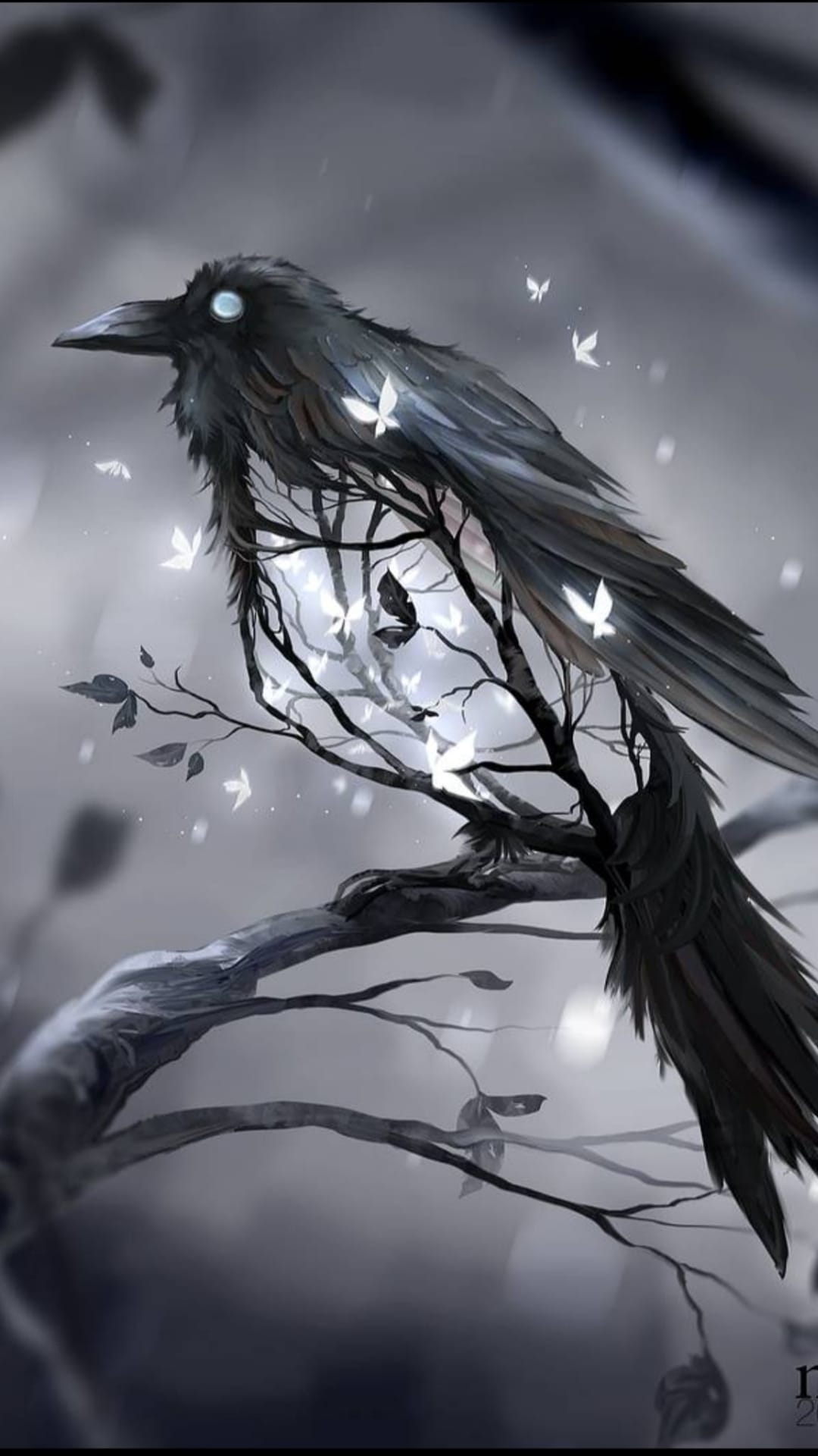 Black raven with a glowing eye sits on a twisted branch surrounded by luminous butterflies under soft moonlight.