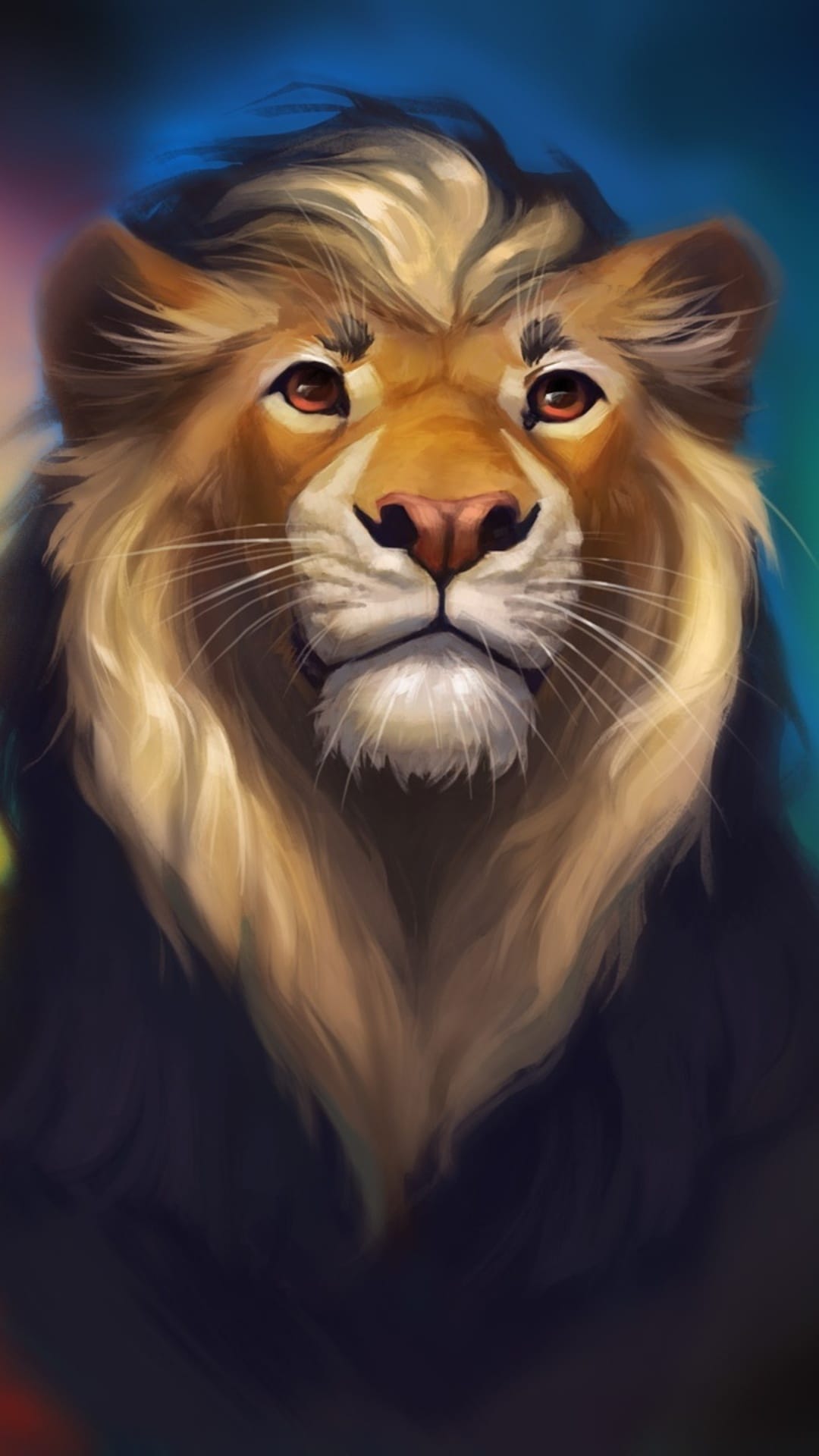 Lion with a thick golden mane and calm eyes gazes forward against a blurred, multicolored textured background.