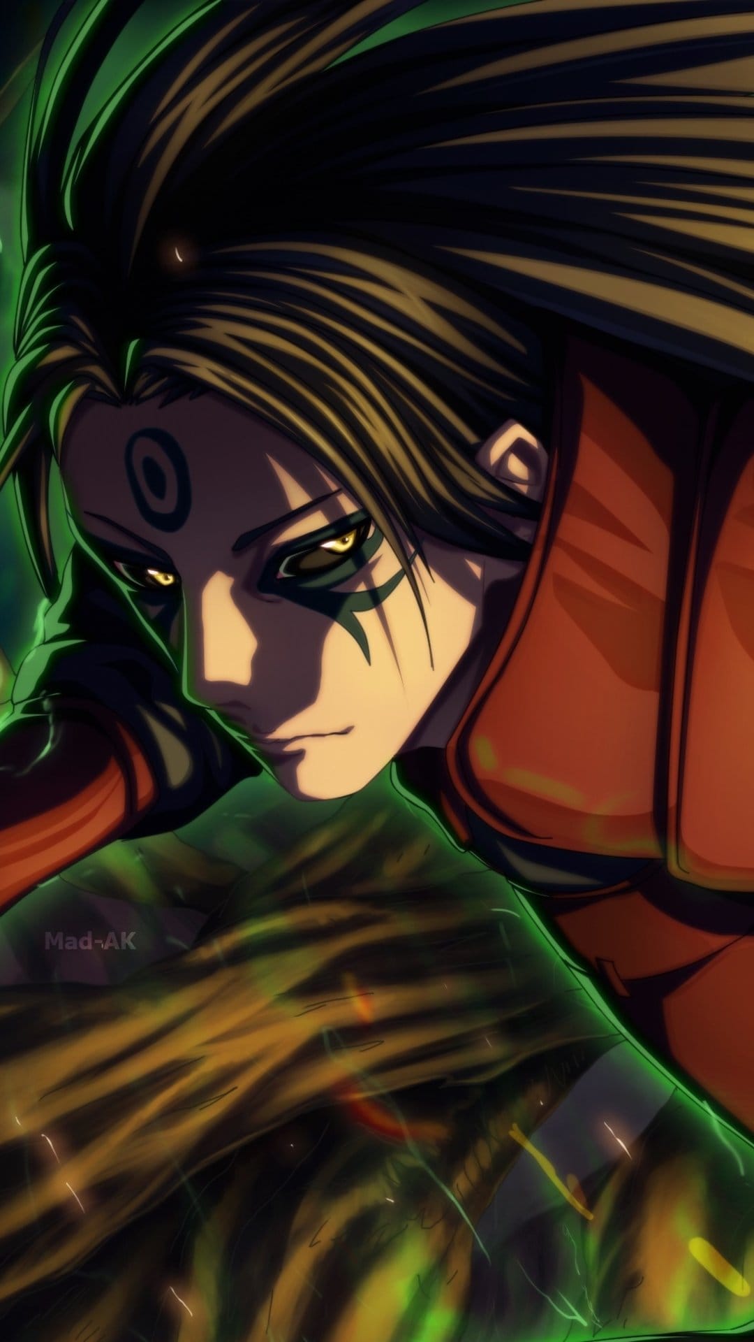 Dark-haired warrior with glowing yellow eyes, facial markings, and red attire amidst a vivid green aura.