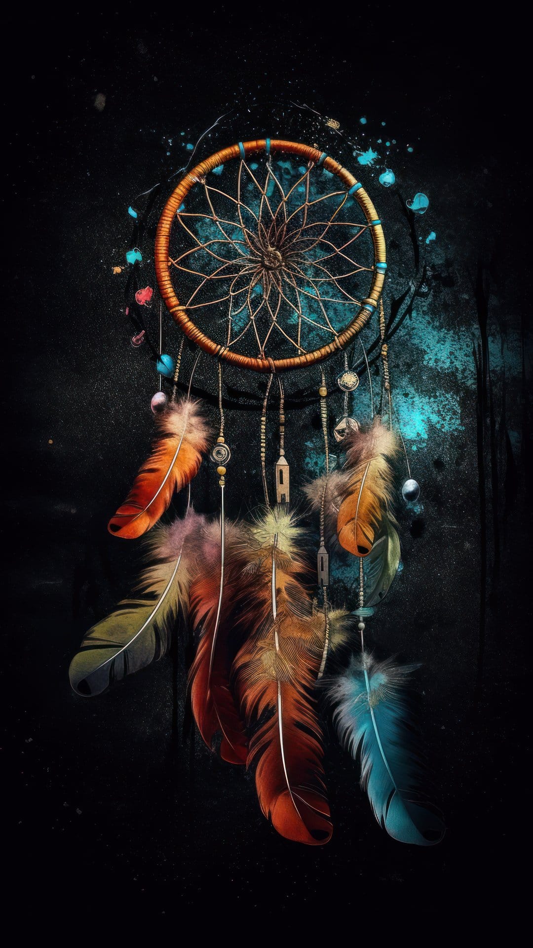 Intricate dreamcatcher with orange and blue feathers hangs against a dark background with turquoise paint splashes.