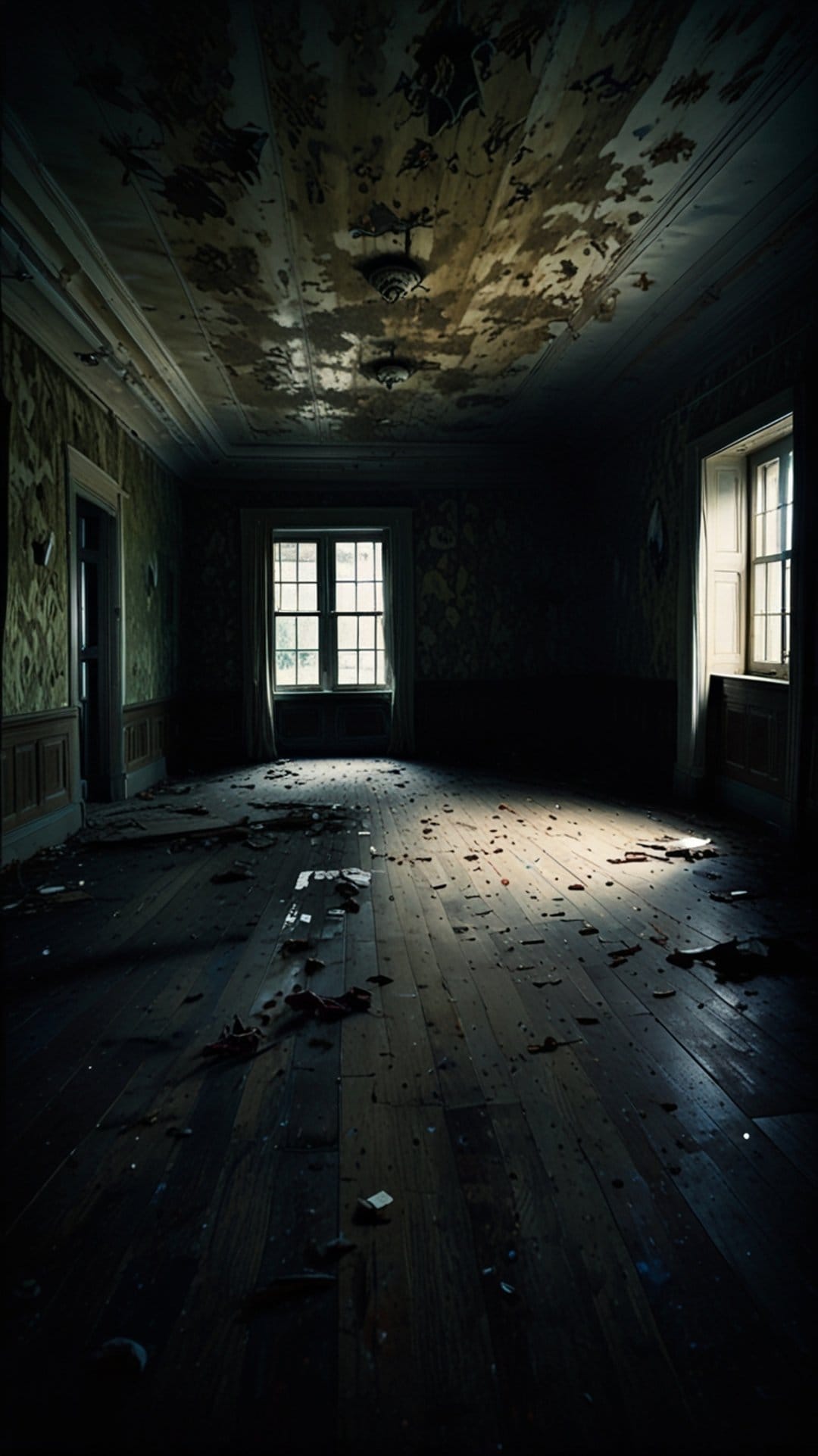 Sunlit abandoned room with peeling wallpaper, wooden floors covered in debris, and two large windows with shadows.