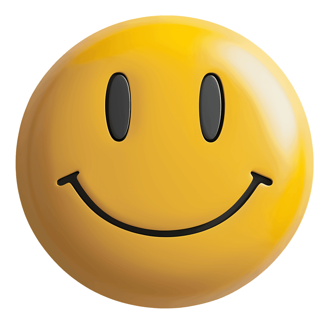 Yellow smiley face icon features a flat circular design with two black dots for eyes and a curved black smile.
