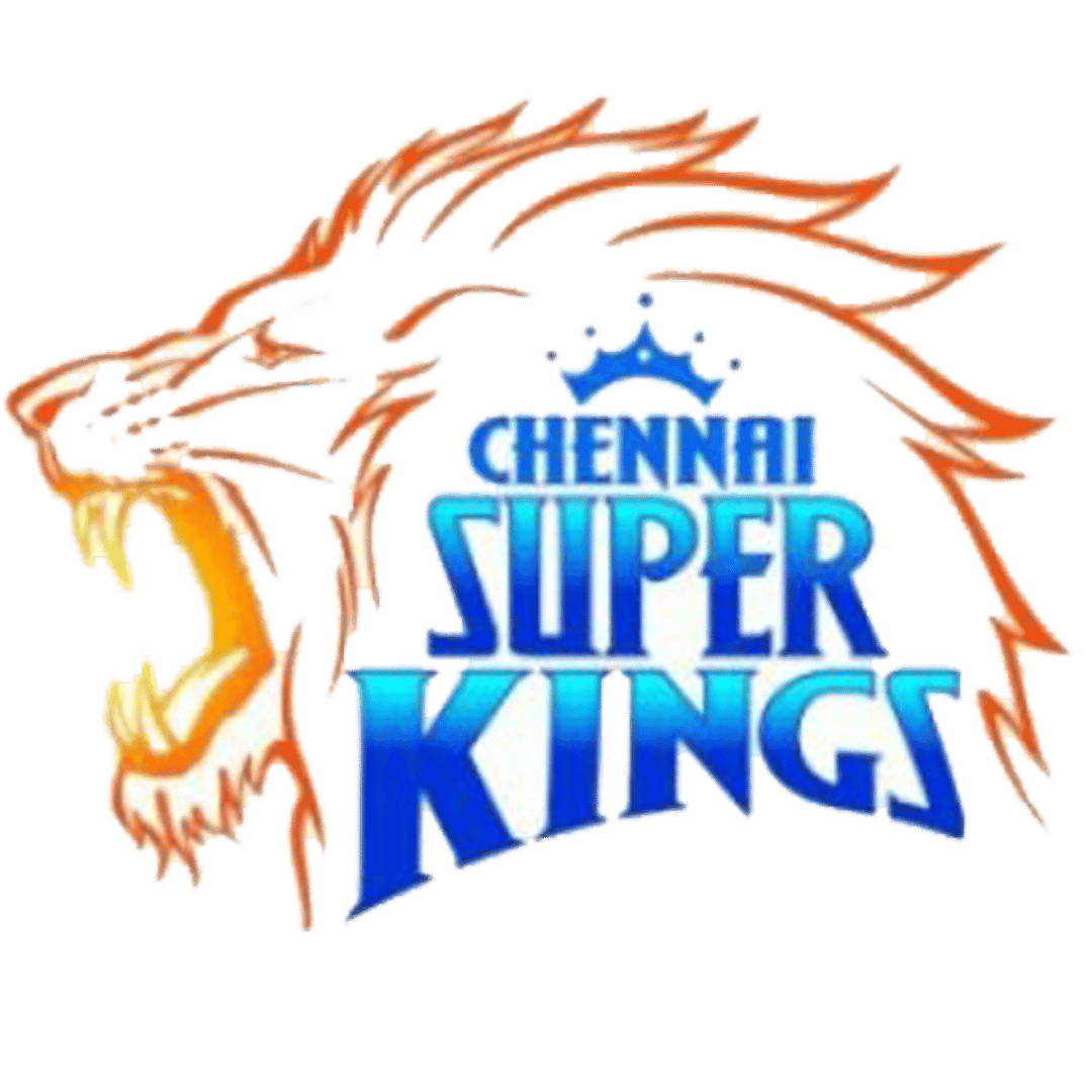 Chennai Super Kings logo featuring a roaring yellow lion with an orange mane and sharp blue typography.