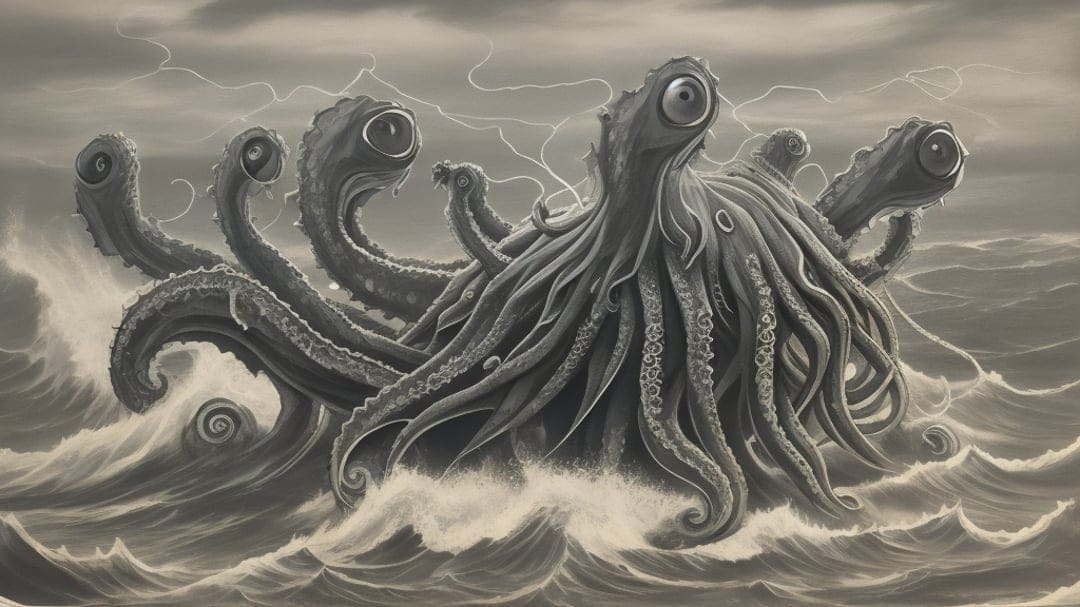 Giant kraken with huge tentacles emerging from dark stormy waves under a flash of lightning in grayscale.