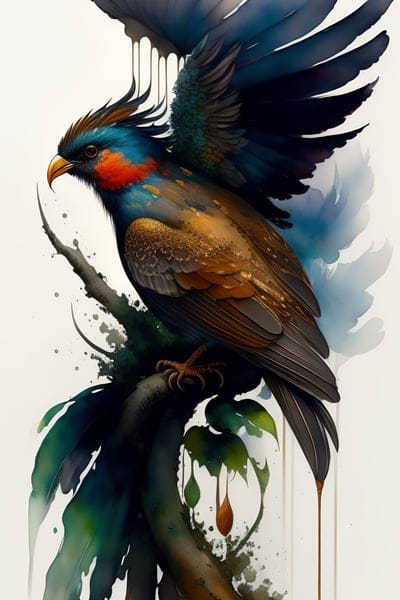 bird,tree,branch,spots,smudges,art