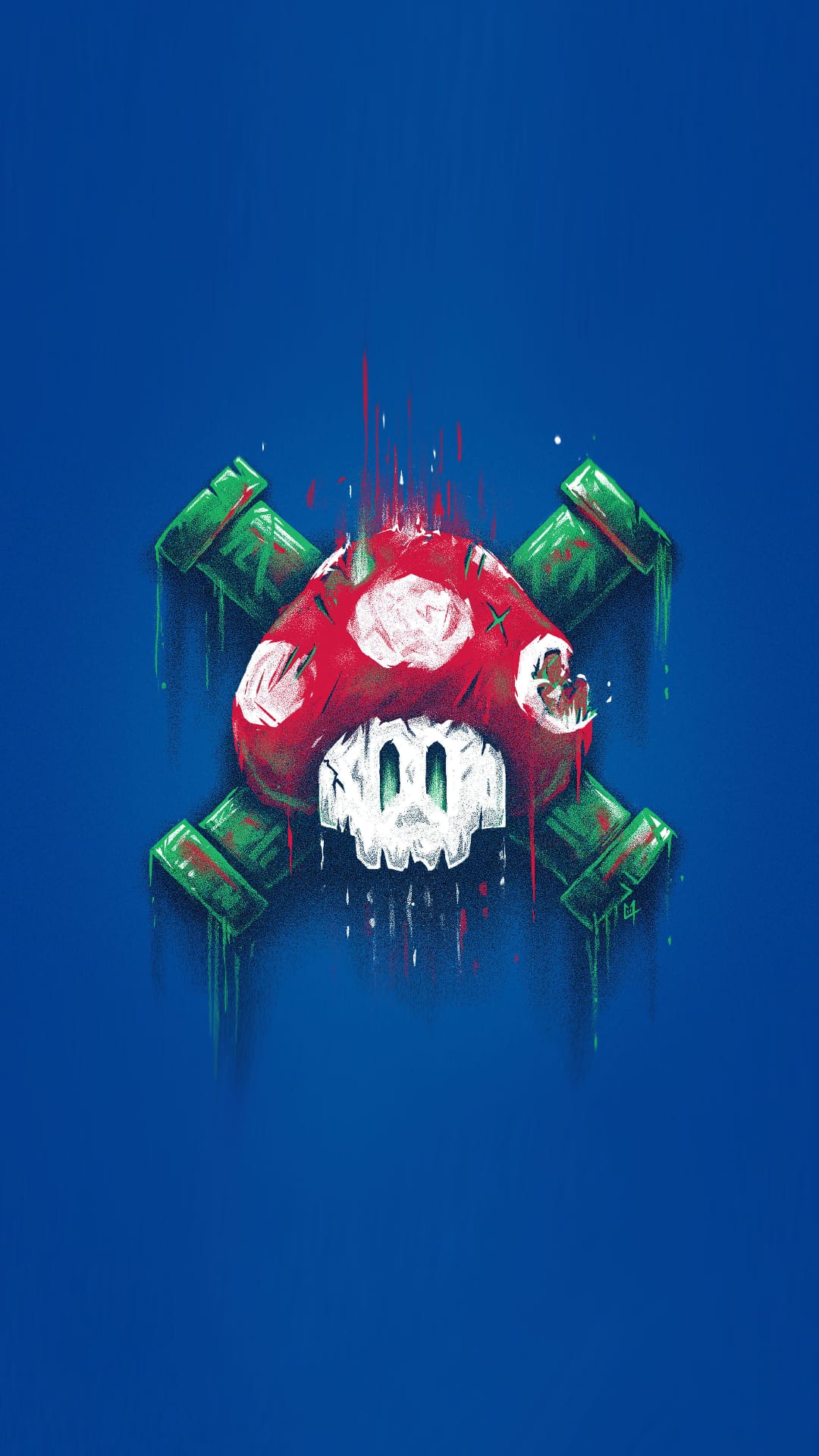Skull-faced mushroom above crossed green pipes dripping red and green liquid against a bright blue background.