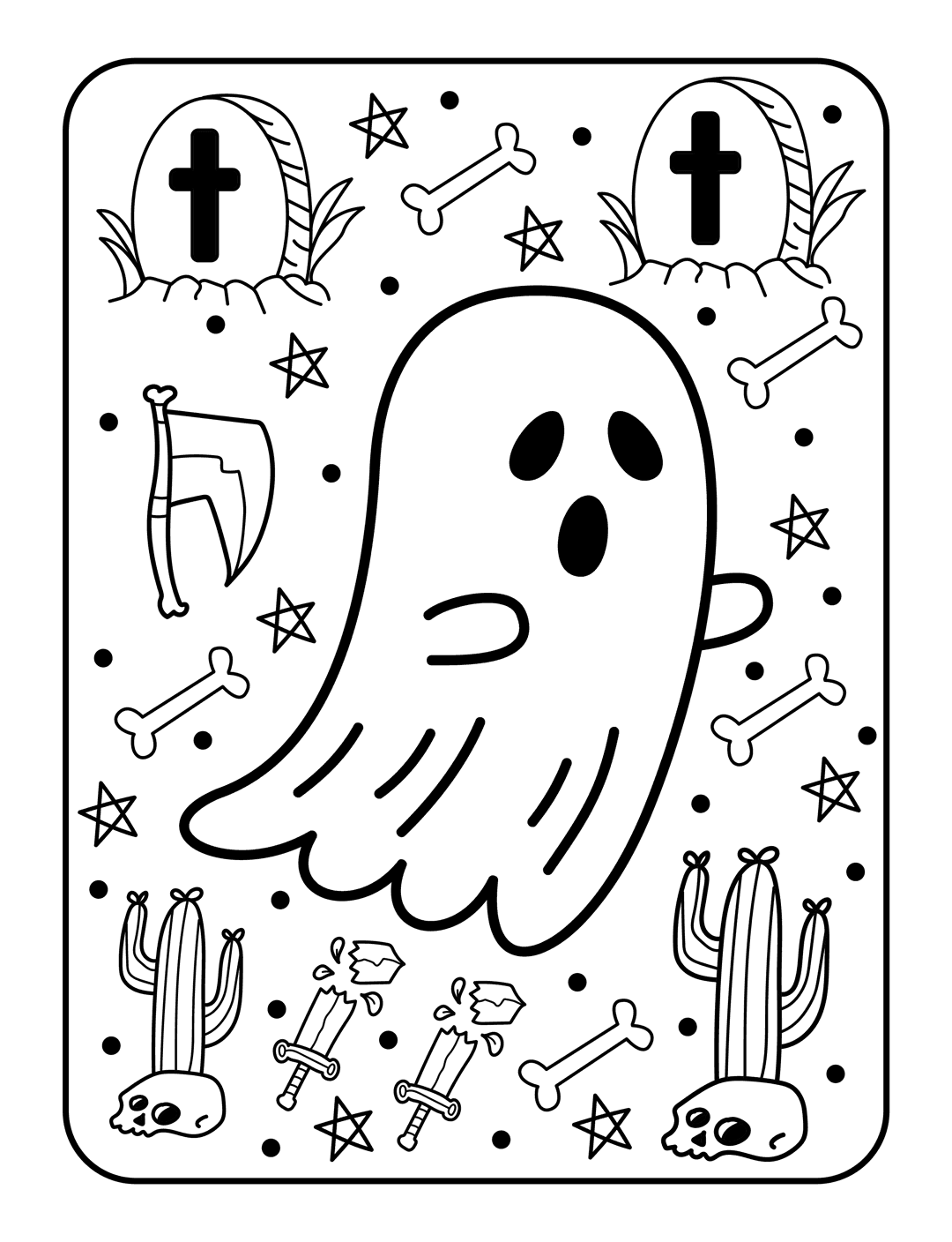 Halloween ghost coloring page featuring a smiling phantom, tombstones, skull cacti, and crescent moon line art.
