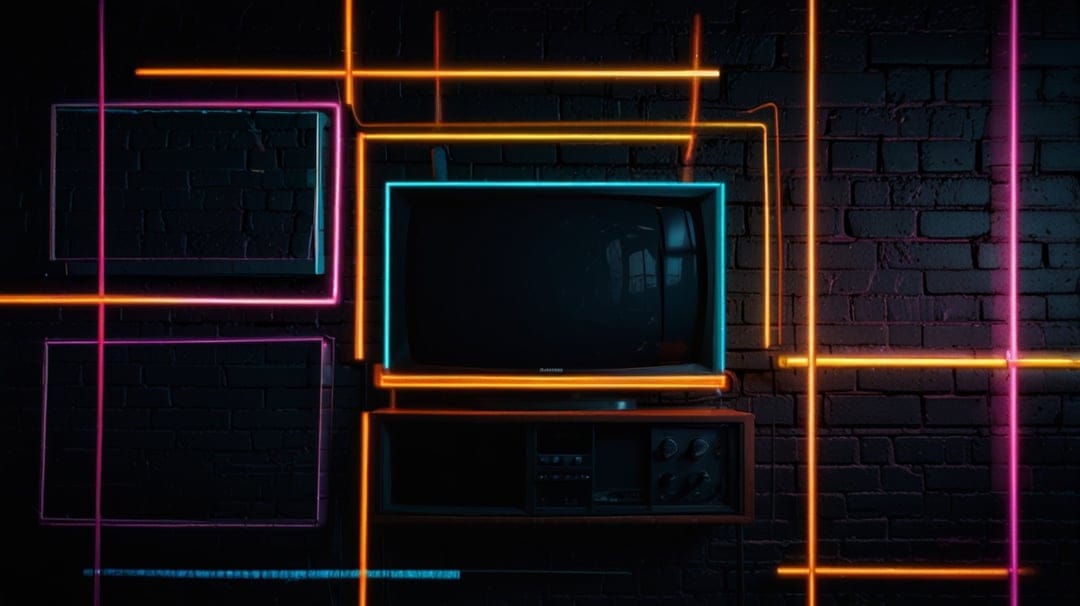 Vintage television set sits on a stand surrounded by glowing pink and orange neon frames in a dark setting.